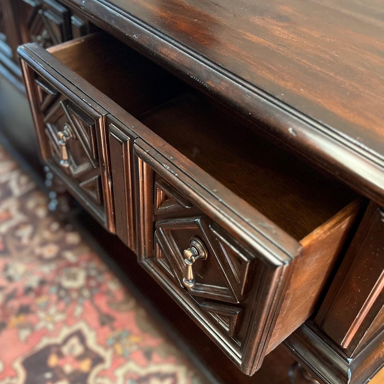 Metalwork Vintage Lexington Furniture Solid Walnut Console with Three Drawers and Shelf