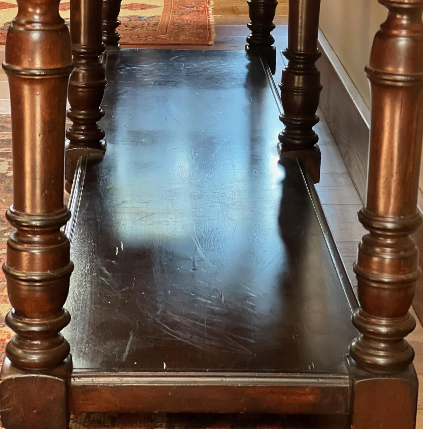 Brass Vintage Lexington Furniture Solid Walnut Console with Three Drawers and Shelf