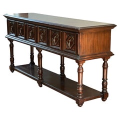 Console Vintage Lexington Furniture en noyer massif avec trois tiroirs et une étagère