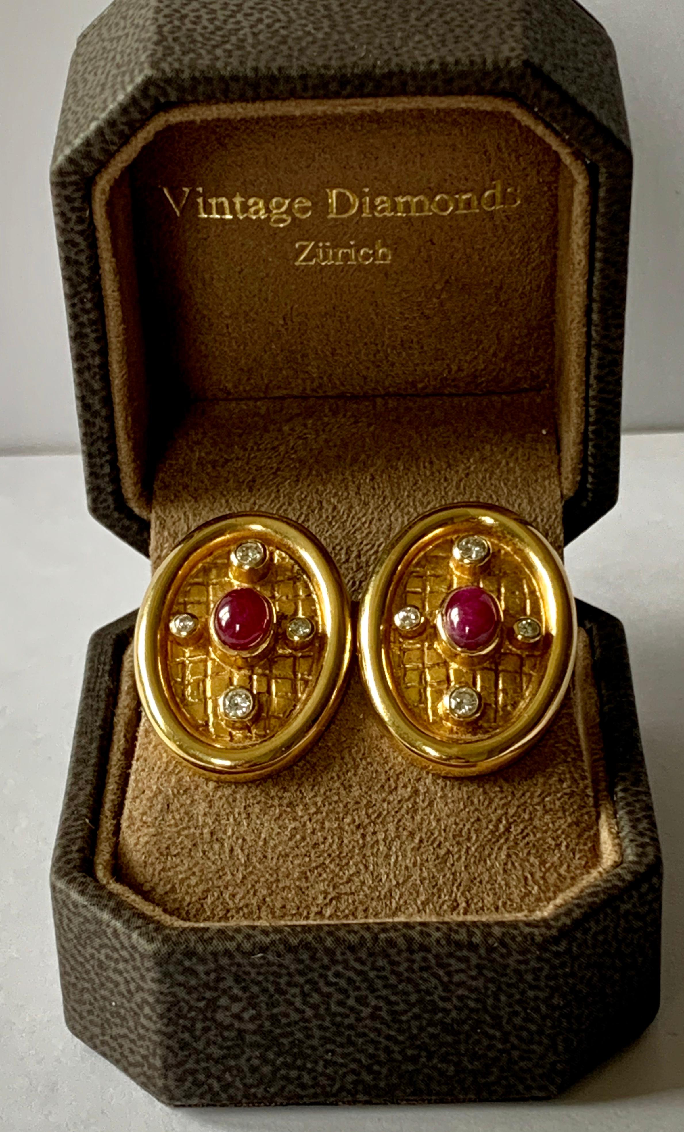 Round Cut Vintage Ilias Lalaounis Ruby and Diamond 18 Karat Yellow Gold Earclips For Sale