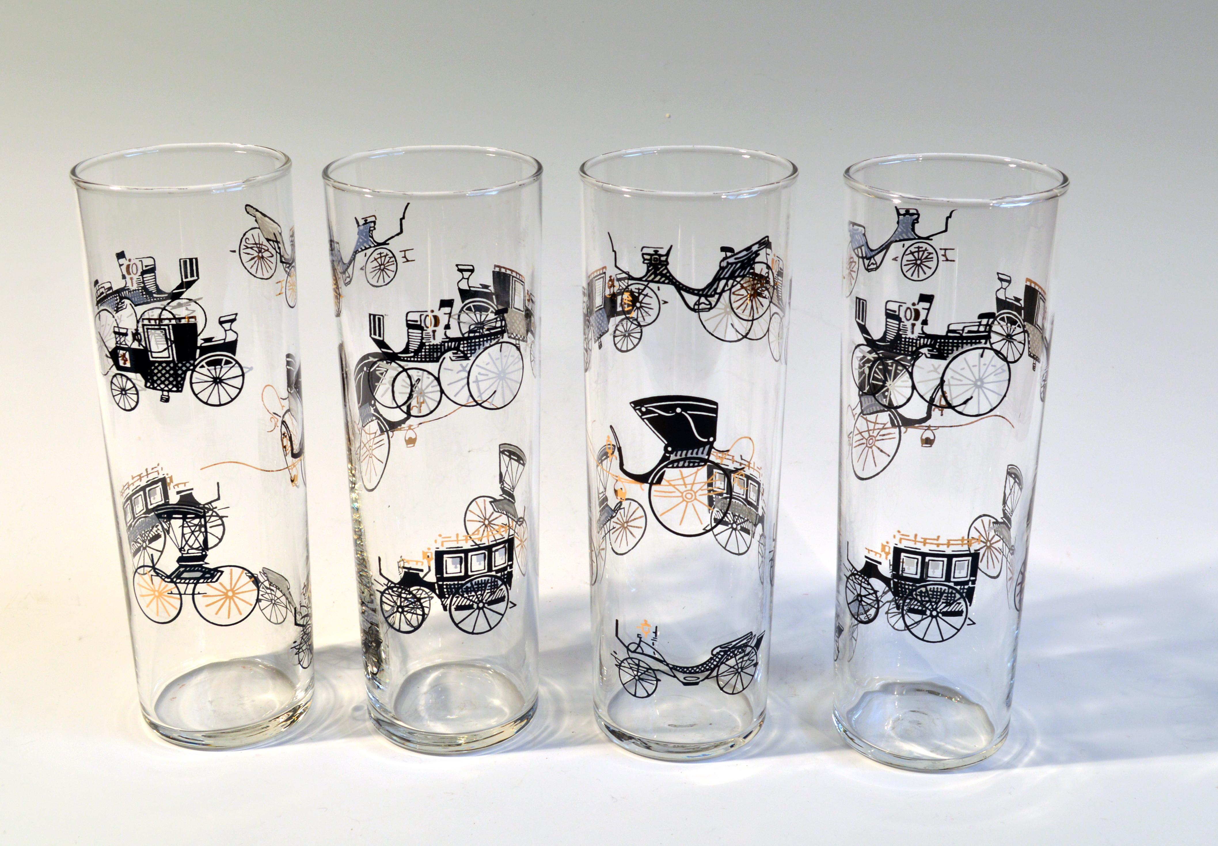 Vintage Libbey bar glasses, (23 pieces)
Curio Line designed by Freda Diamond,
Early 1950s.

The charming set of twenty three pieces of barware each depict different horse carriages in black with white and gold highlights.

Four Collins (7