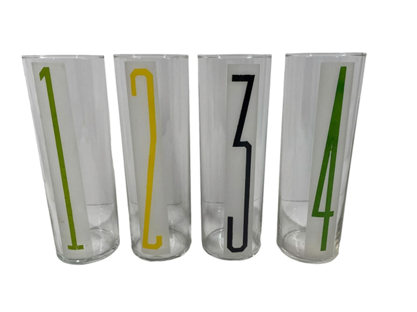 Set of 8 Libbey Glass Tom Collins glasses in clear glass with a frosted panel, each with a full height numeral in a stylized font and of different colors, 1 through 8.