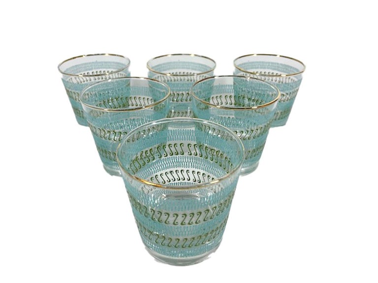 Vintage Libbey Glassware Old Fashioned Glasses with Raised Aqua and