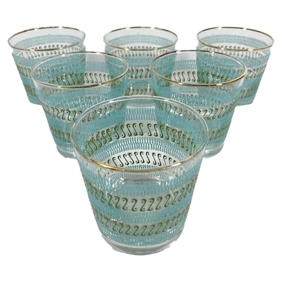 Vintage Libbey Glassware Old Fashioned Glasses with Raised Aqua & Green Scrolls