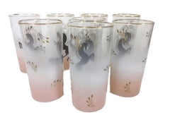 Vintage Libbey Highball Glasses, Black Stylized Horses on Pink Frosted Ground