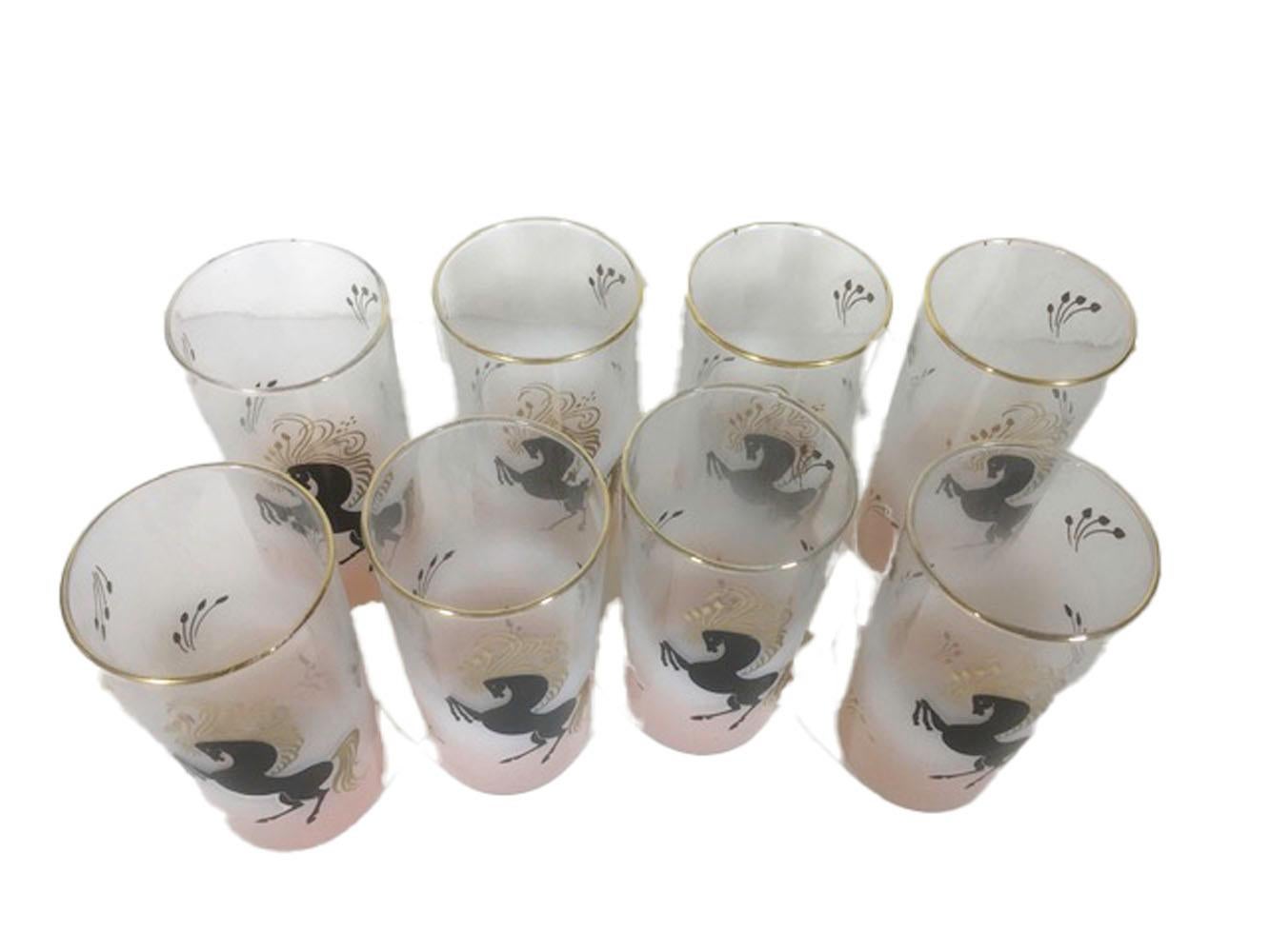 Mid-Century Modern Vintage Libbey Highball Glasses, Black Stylized Horses on Pink Frosted Ground