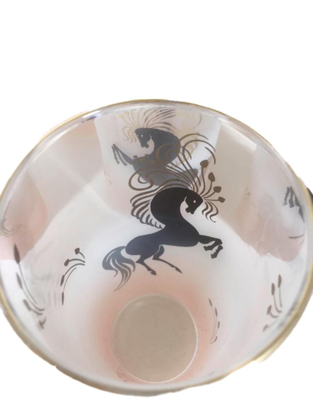 American Vintage Libbey Highball Glasses, Black Stylized Horses on Pink Frosted Ground