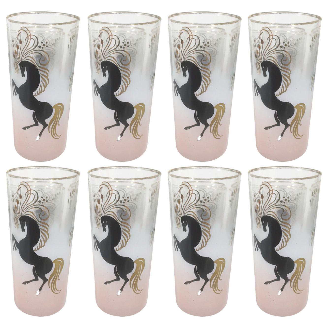 Vintage Libbey Highball Glasses, Black Stylized Horses on Pink Frosted Ground