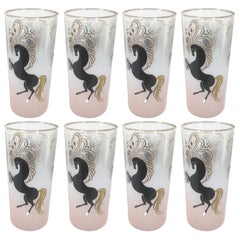 Vintage Libbey Highball Glasses, Black Stylized Horses on Pink Frosted Ground