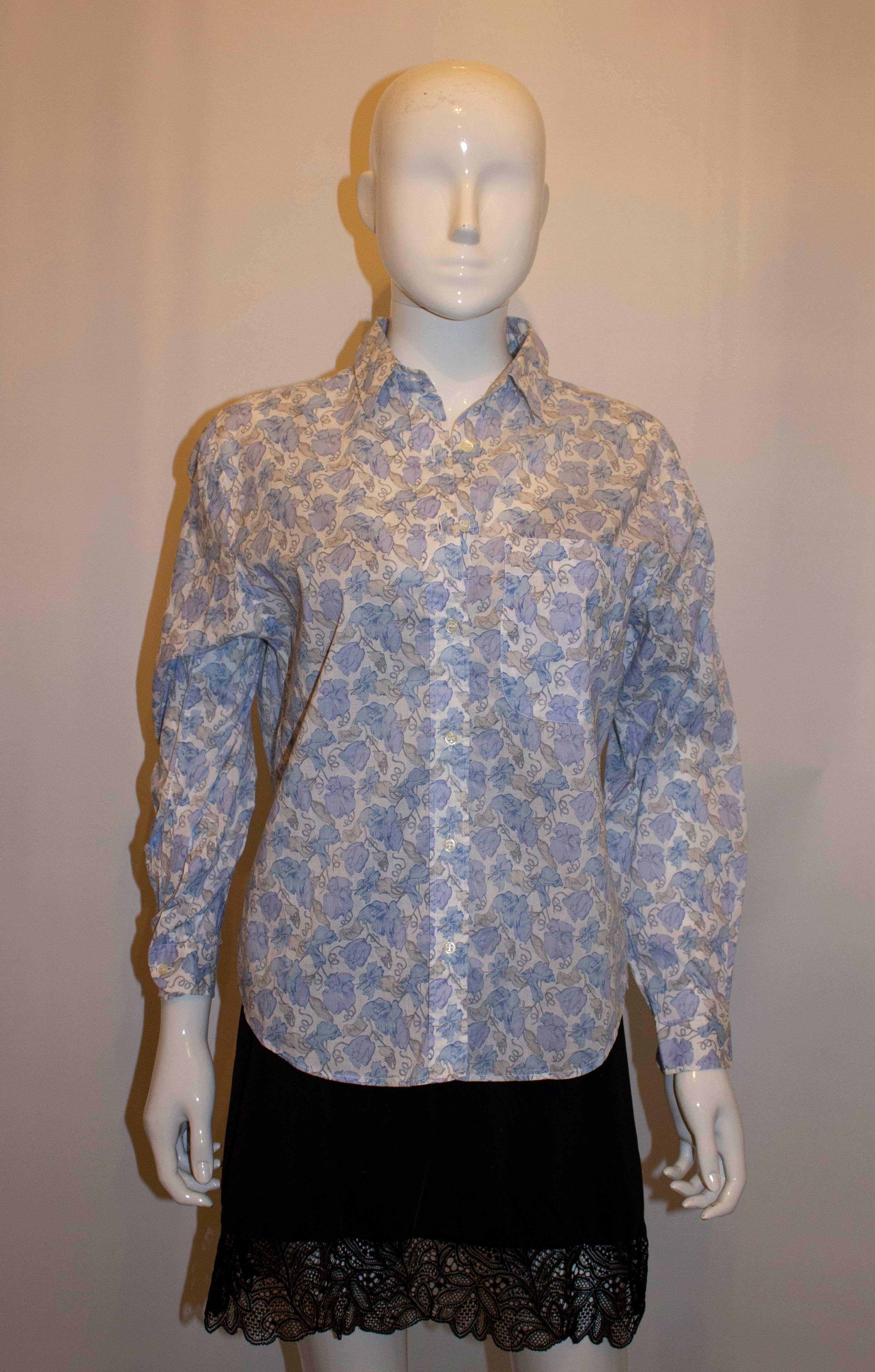 Gray Vintage Liberty / Cacharel Blue and White Floral Cotton Shirt For Sale