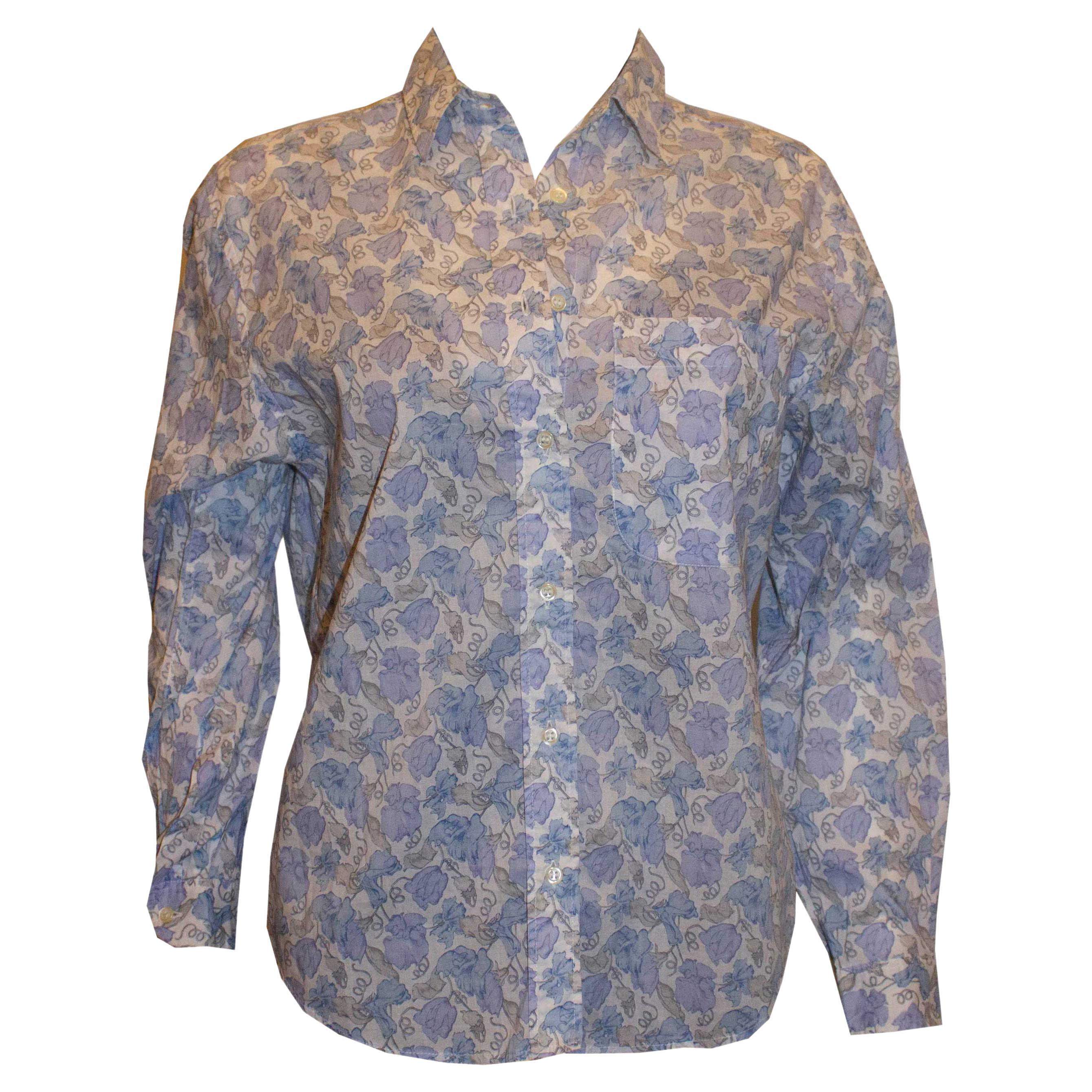 Vintage Liberty / Cacharel Blue and White Floral Cotton Shirt For Sale