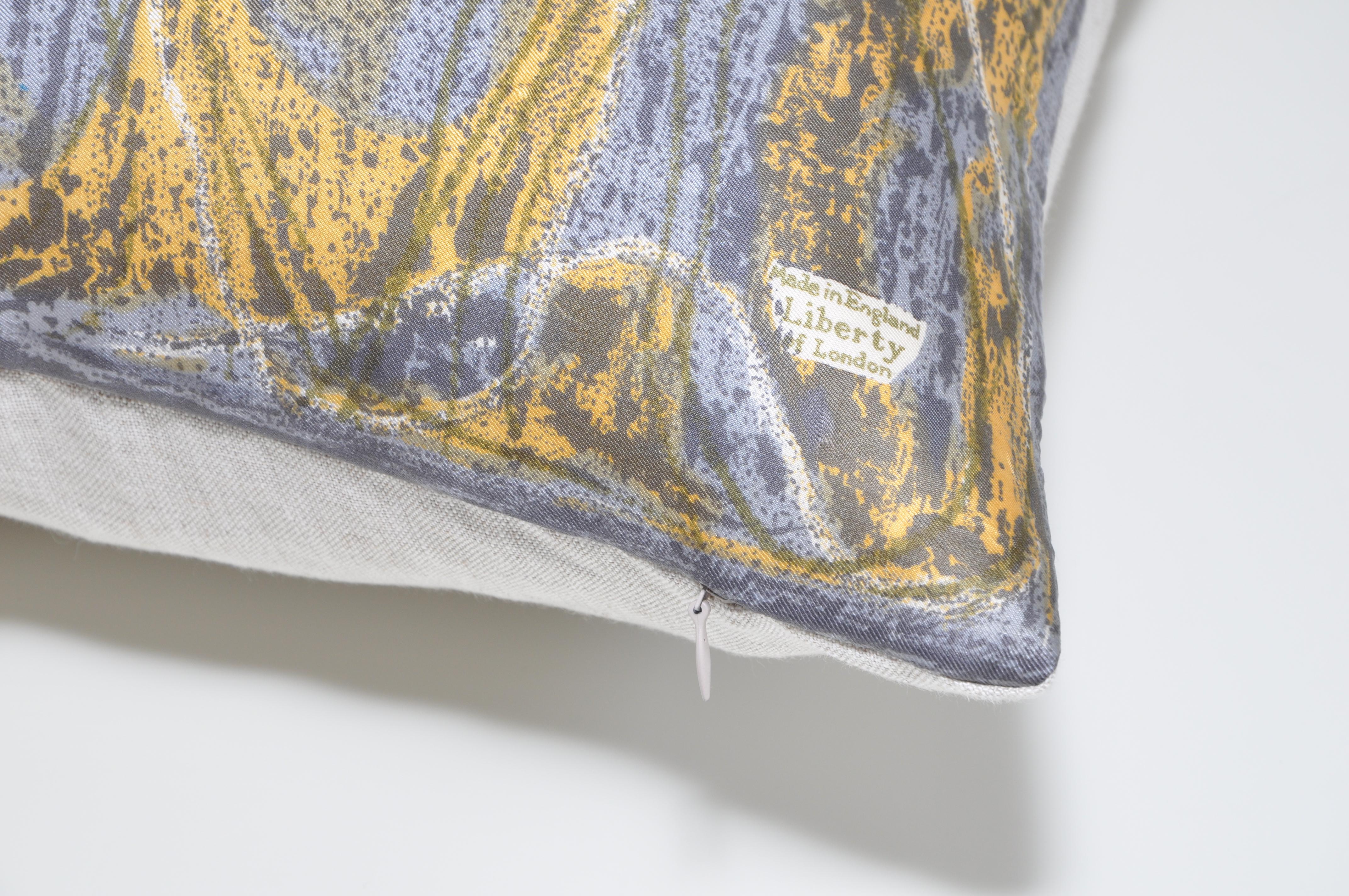 English Vintage Liberty of London Gray Yellow Silk Fabric and Irish Linen Cushion Pillow