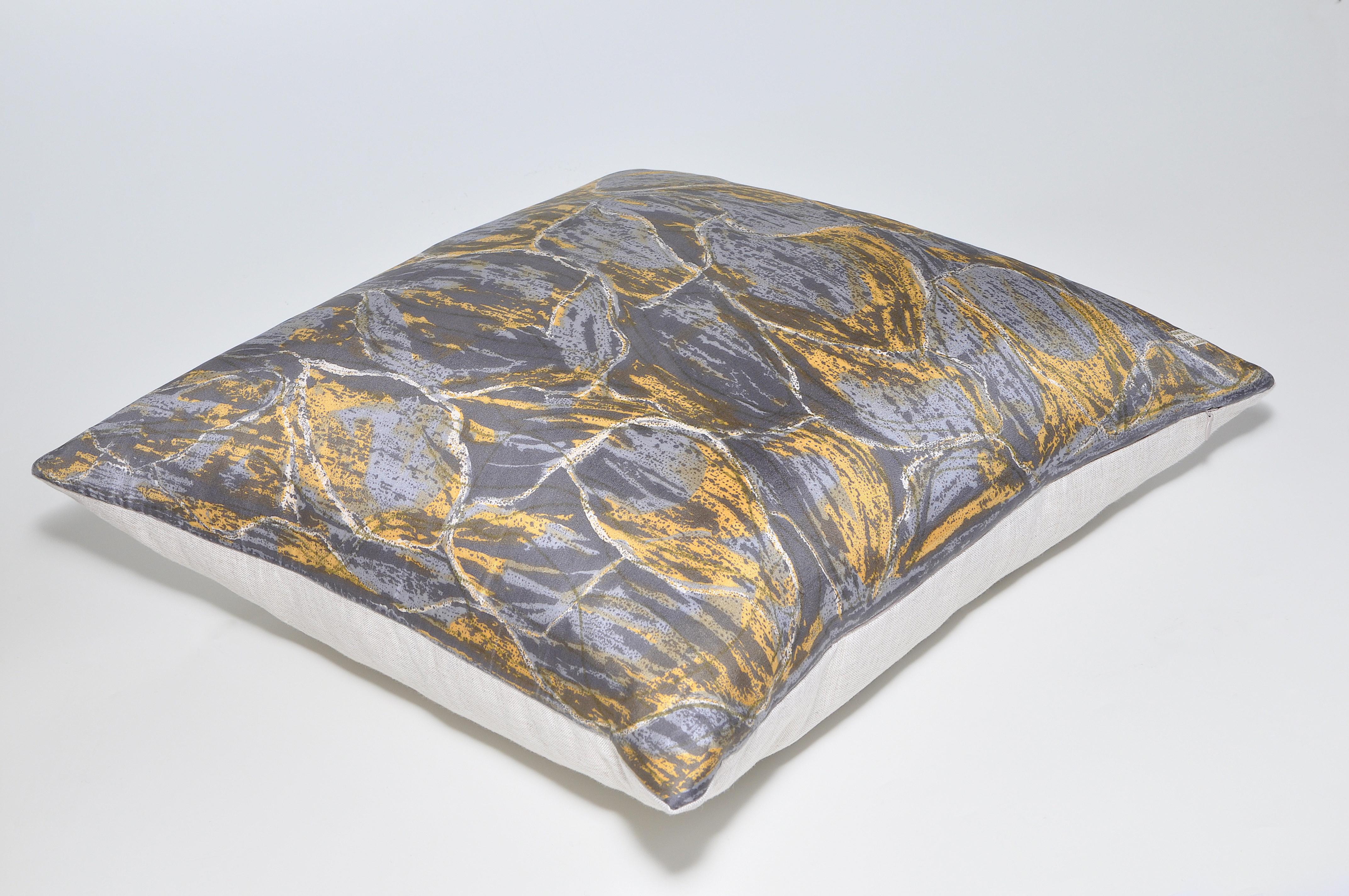 Textile Vintage Liberty of London Gray Yellow Silk Fabric and Irish Linen Cushion Pillow