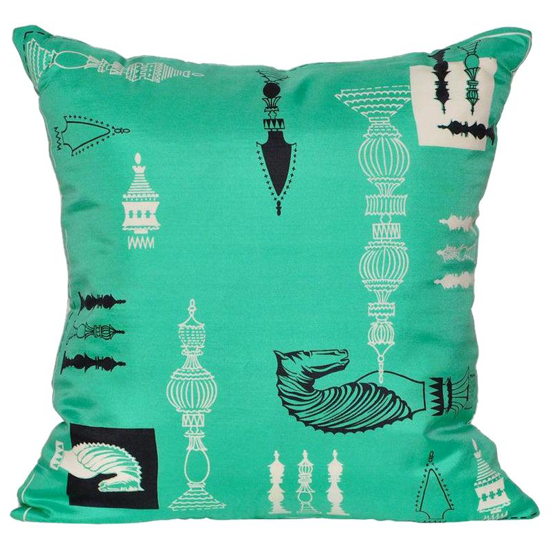 Vintage Liberty of London Green Print Silk Chess Irish Linen Cushion Pillow