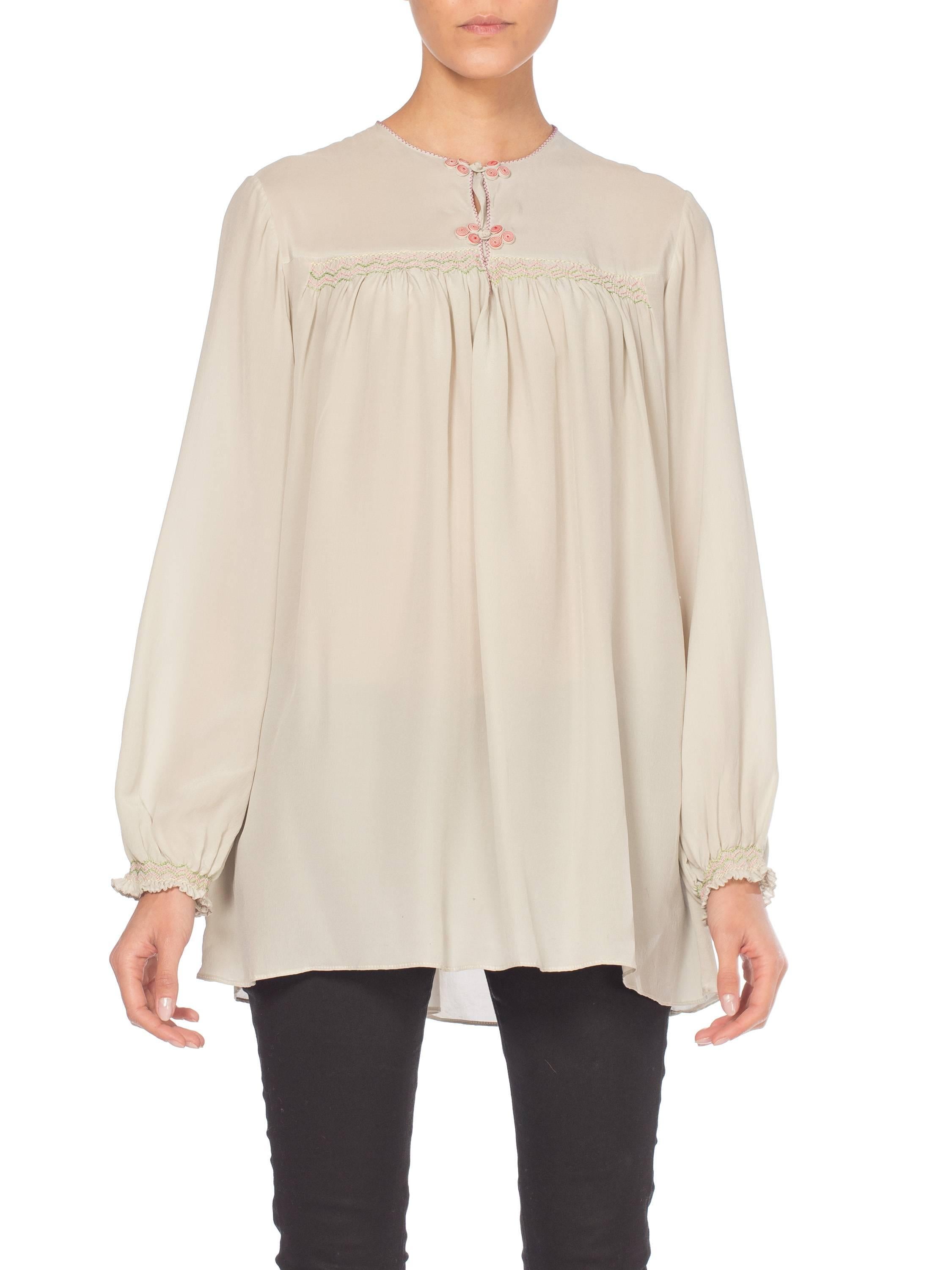 Vintage Hand Embroidered Silk Crepe Boho Tunic Blouse 