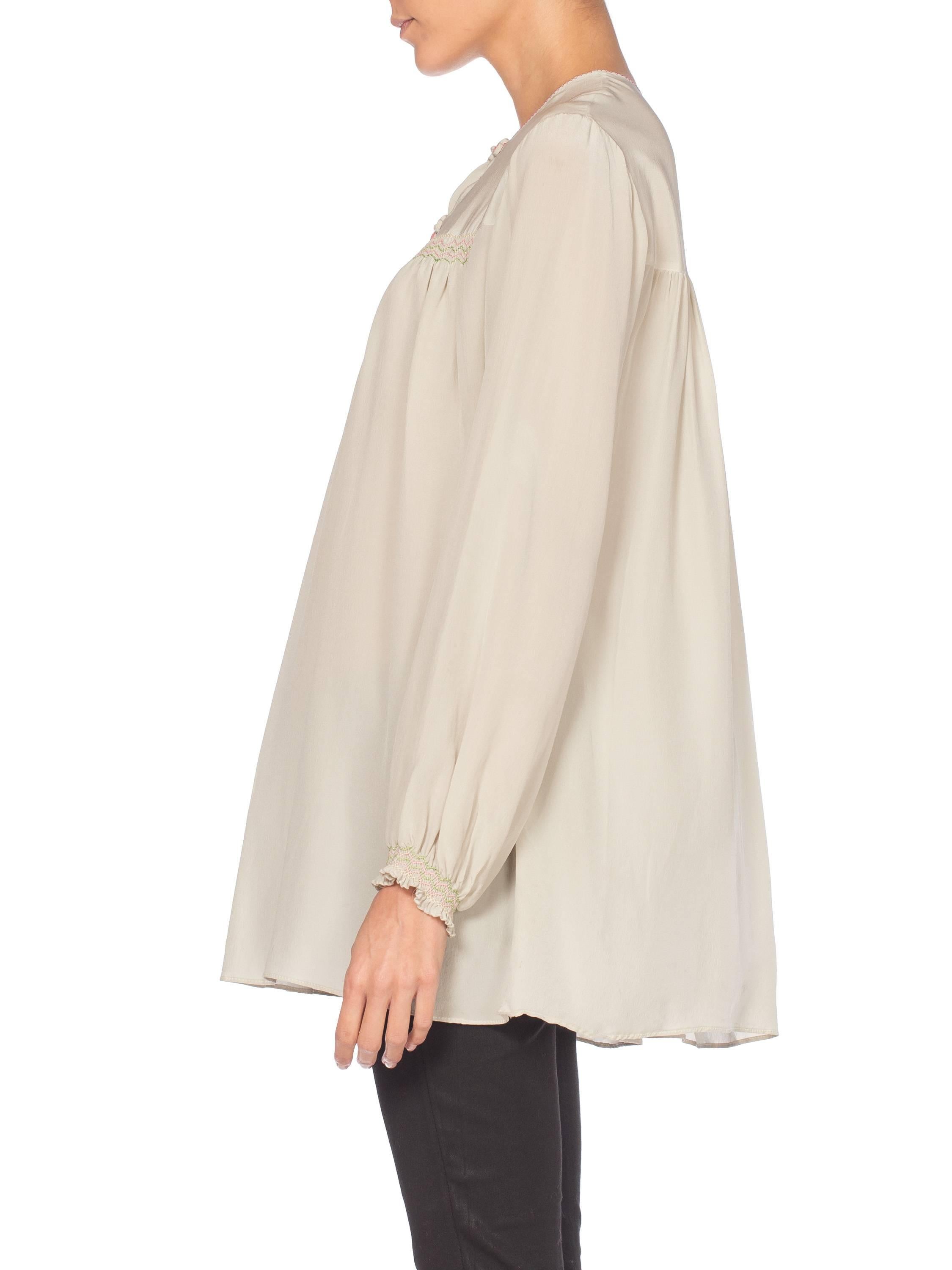 Beige Hand Embroidered Liberty Style Vintage Silk Crepe Boho Tunic Blouse