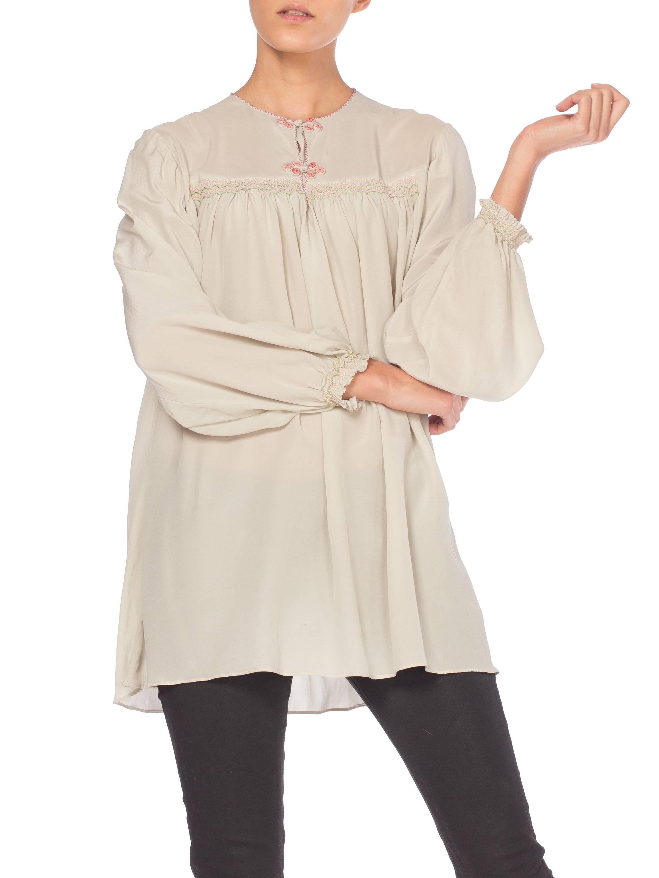 Women's Hand Embroidered Liberty Style Vintage Silk Crepe Boho Tunic Blouse