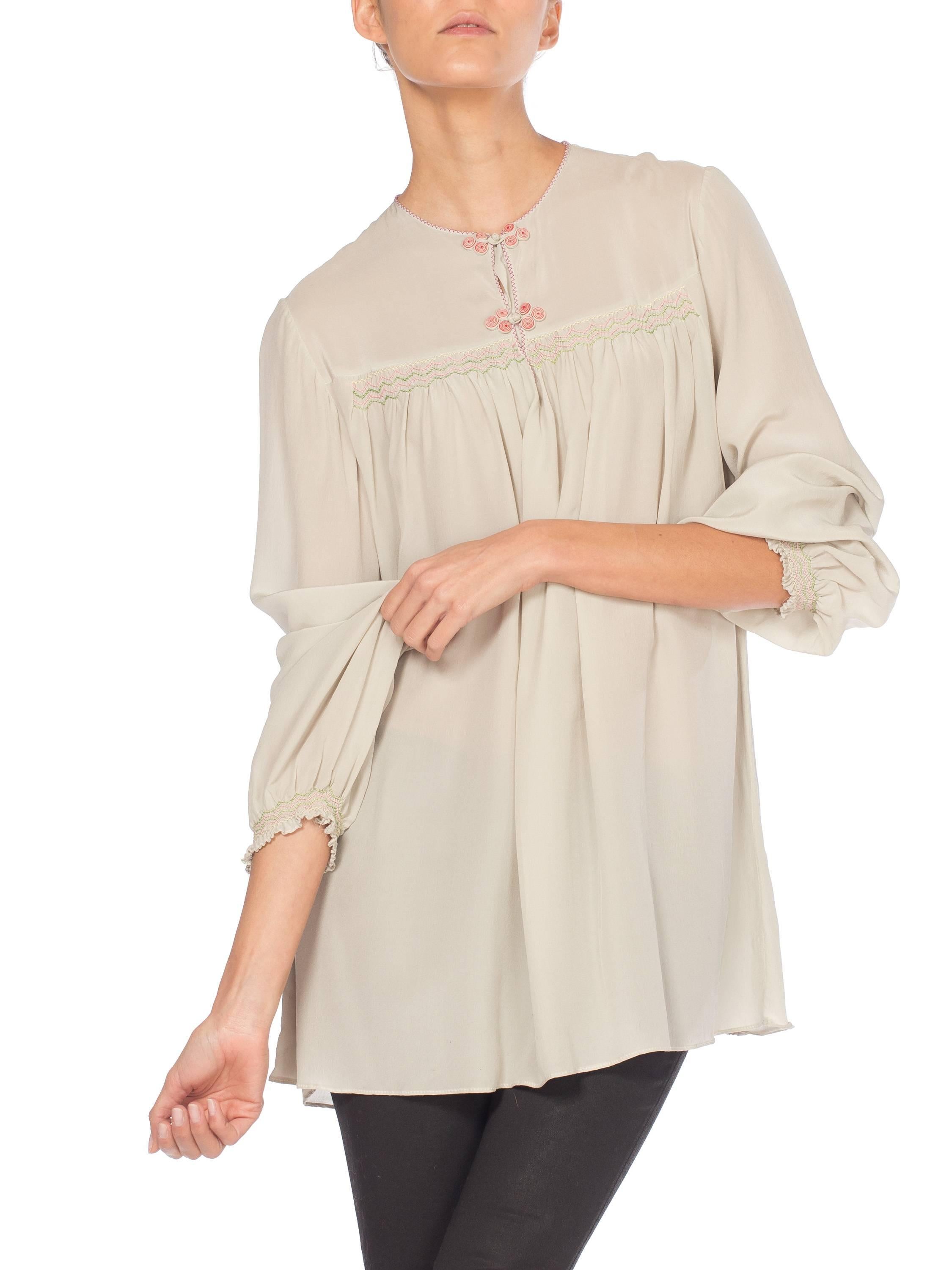 Hand Embroidered Liberty Style Vintage Silk Crepe Boho Tunic Blouse 1