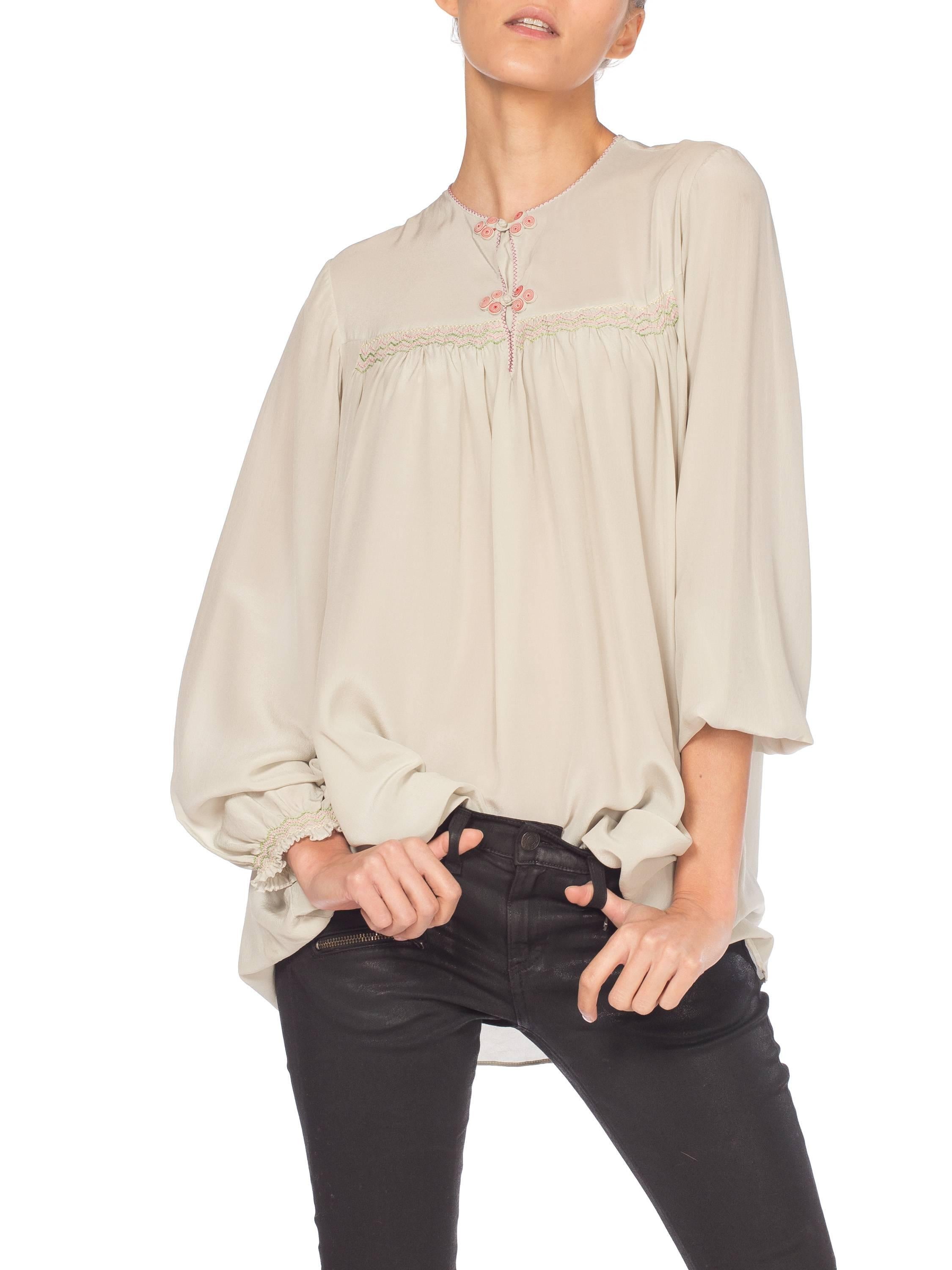 Hand Embroidered Liberty Style Vintage Silk Crepe Boho Tunic Blouse 2