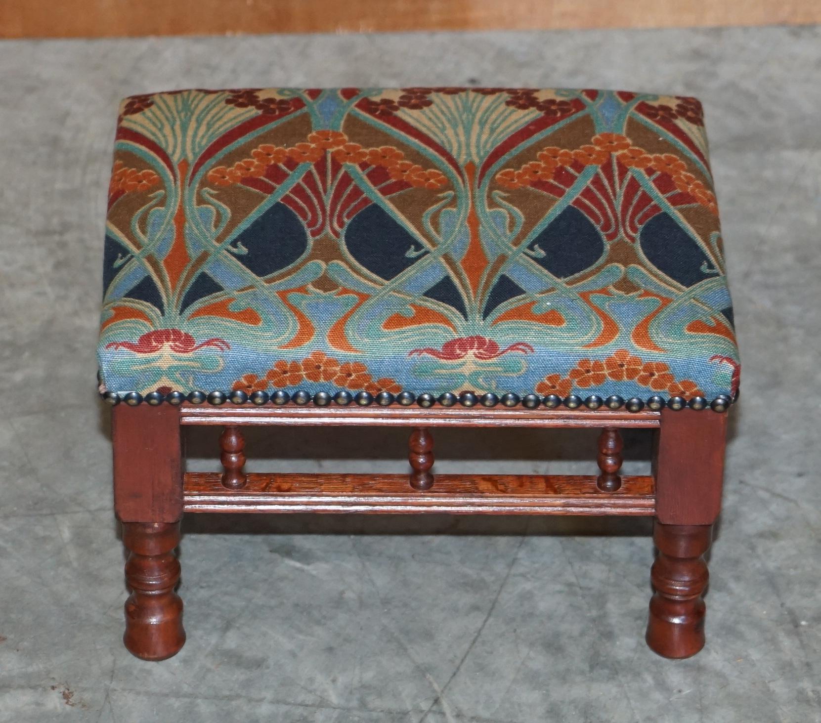 Vintage Liberty's London Ianthe Upholstered Pitch Pine Pew Bench & Footstool For Sale 7