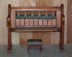 Vintage Liberty's London Ianthe Upholstered Pitch Pine Pew Bench & Footstool