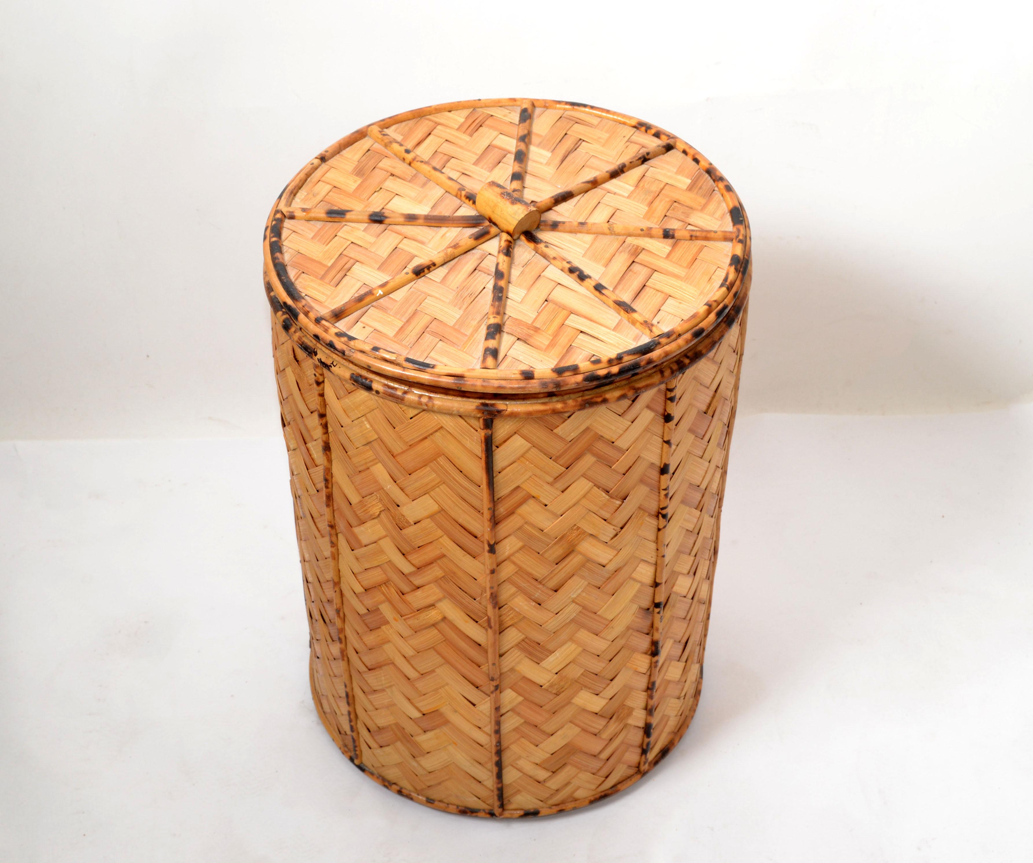 Hand-Crafted Vintage Lidded Basket Handmade Bamboo & Handwoven Rattan Hong Kong Asian Modern For Sale