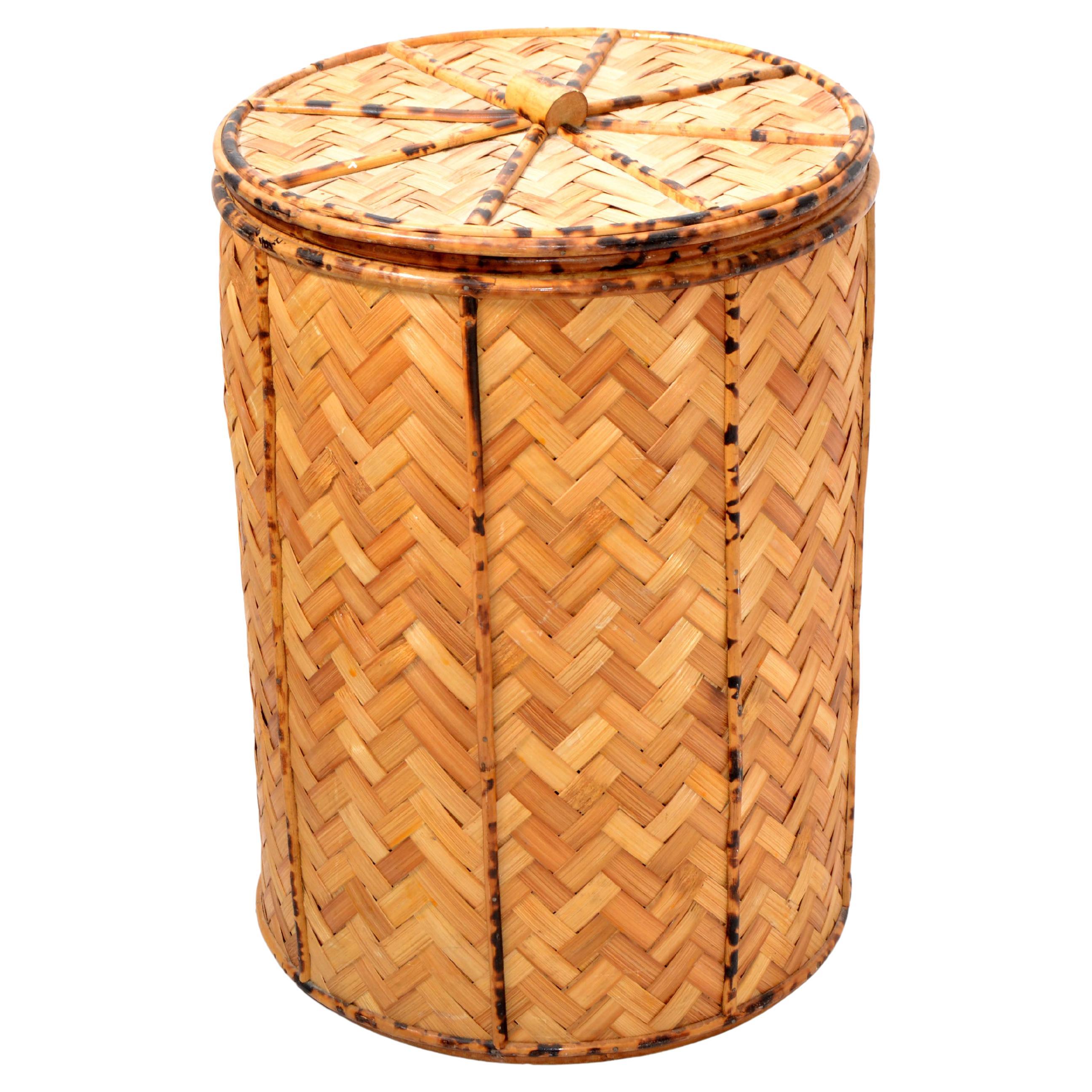 Vintage Lidded Basket Handmade Bamboo & Handwoven Rattan Hong Kong Asian Modern For Sale