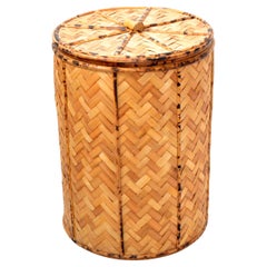 Vintage Lidded Basket Handmade Bamboo & Handwoven Rattan Hong Kong Asian Modern