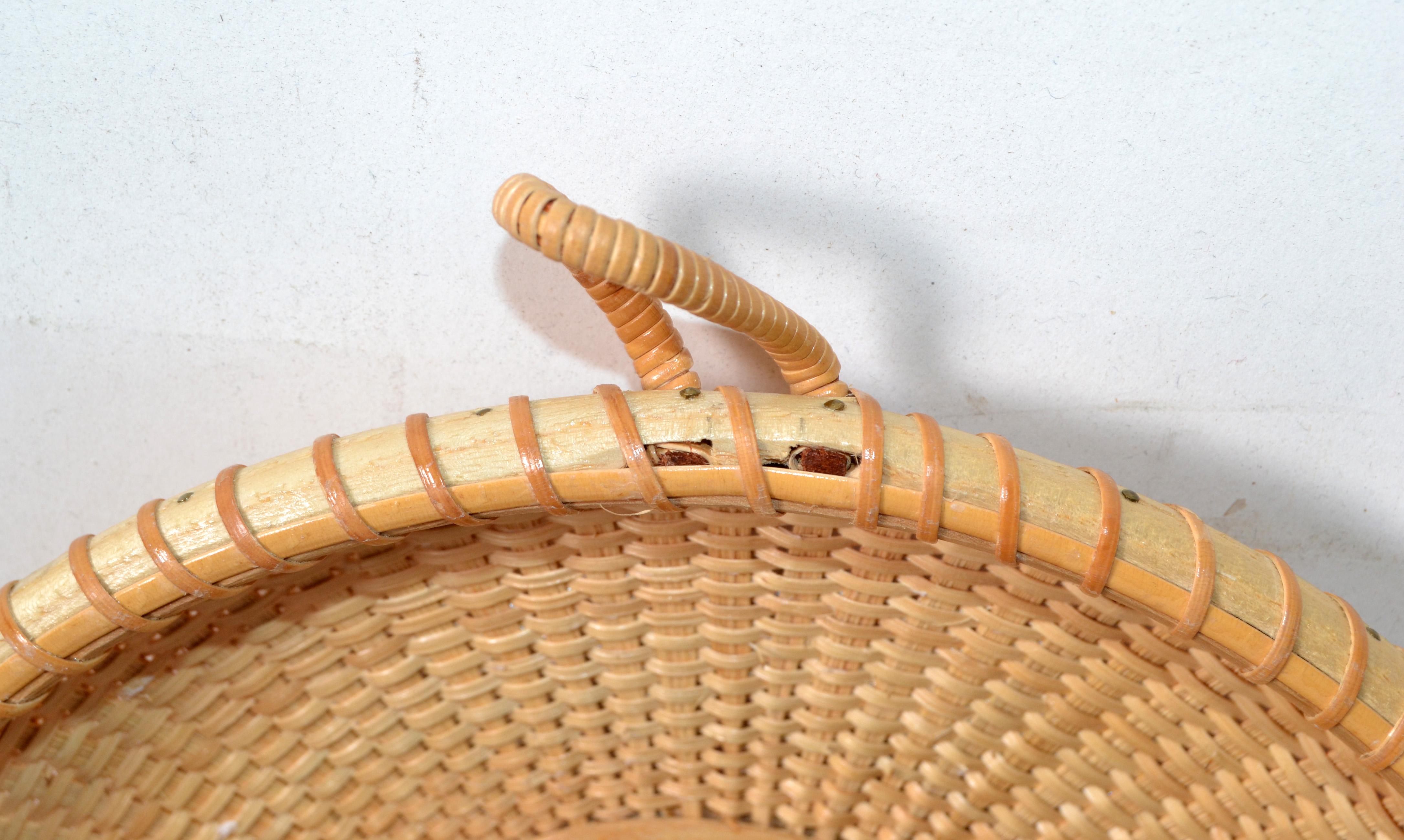 Late 20th Century Vintage Lidded Basket Handmade Bamboo & Handwoven Rattan Nautical Seashell 1980 For Sale