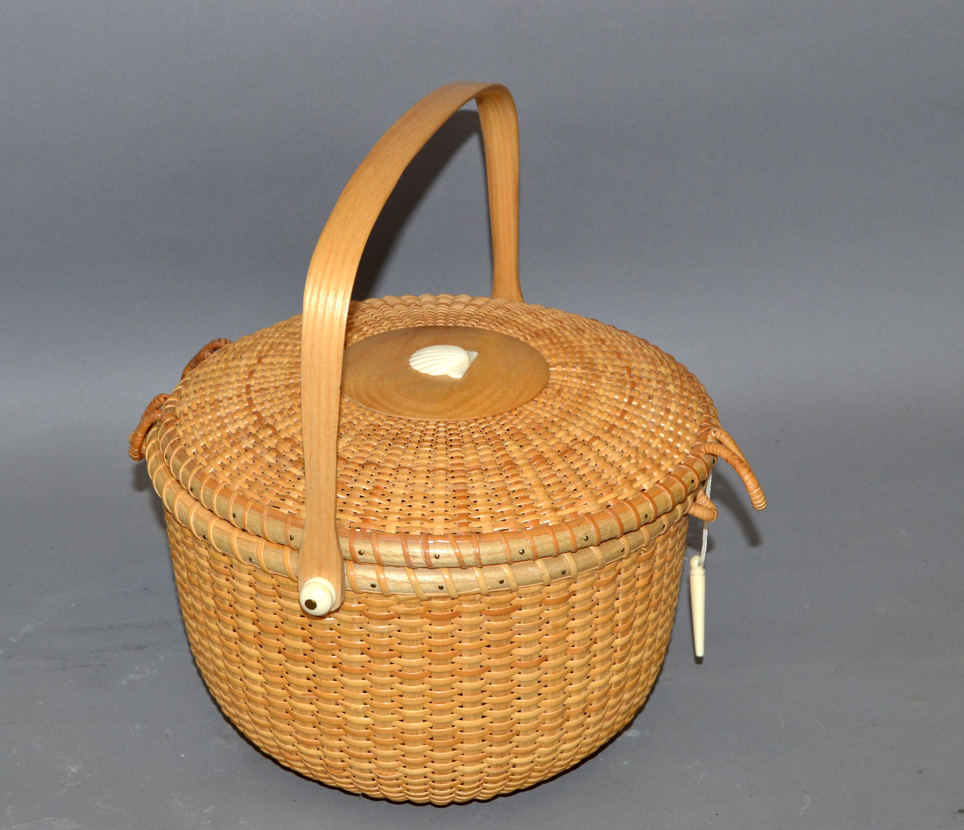 Cane Vintage Lidded Basket Handmade Bamboo & Handwoven Rattan Nautical Seashell 1980 For Sale