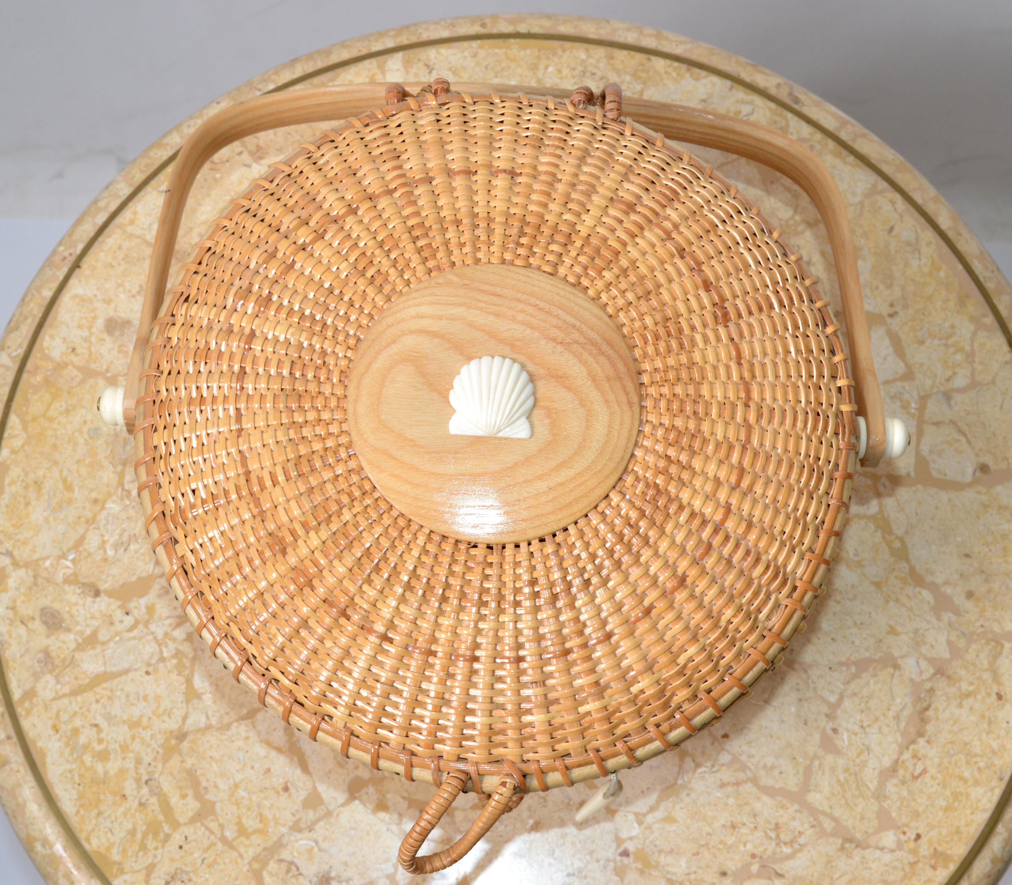 Folk Art Vintage Lidded Basket Handmade Bamboo & Handwoven Rattan Nautical Seashell 1980 For Sale