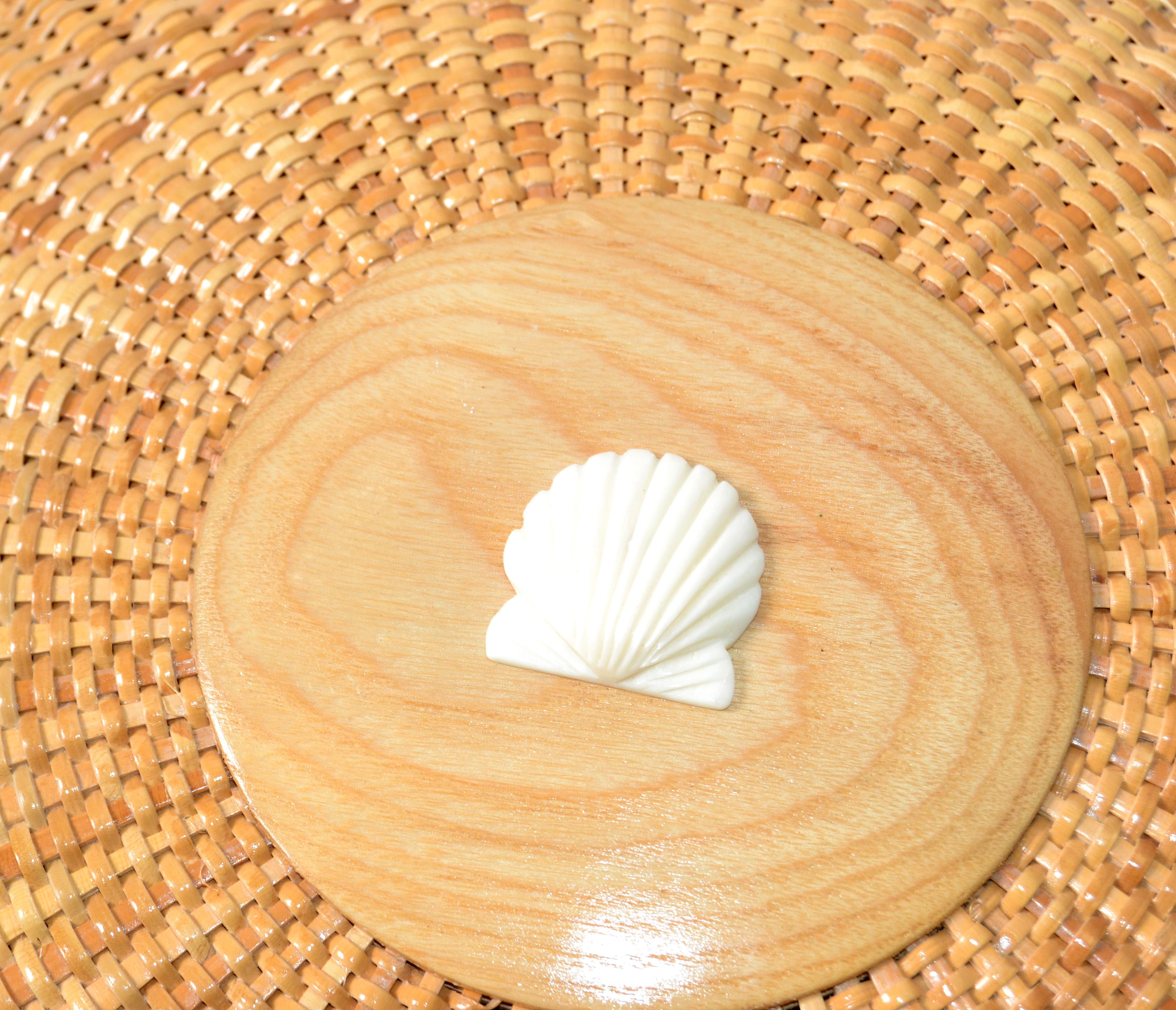 American Vintage Lidded Basket Handmade Bamboo & Handwoven Rattan Nautical Seashell 1980 For Sale