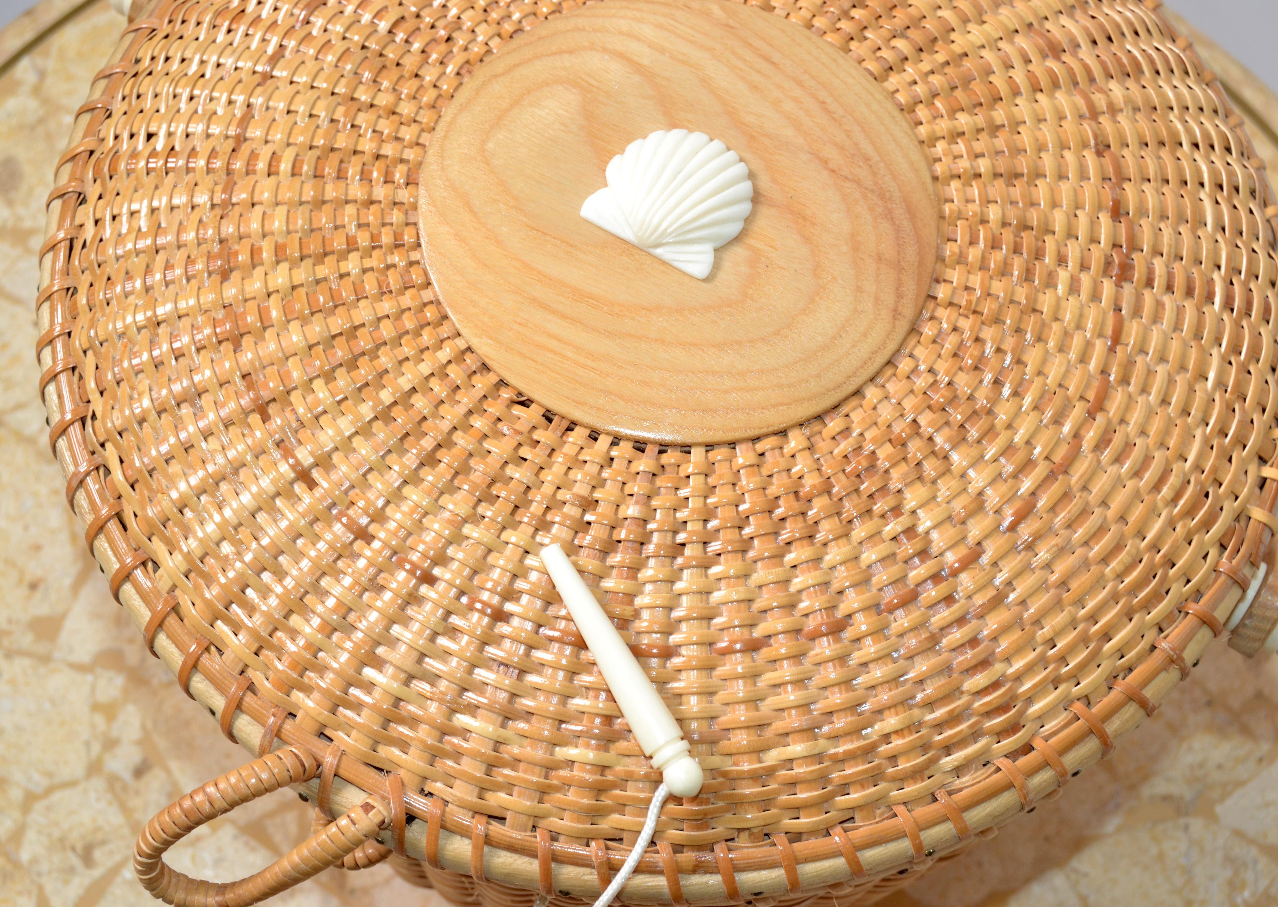 Hand-Crafted Vintage Lidded Basket Handmade Bamboo & Handwoven Rattan Nautical Seashell 1980 For Sale