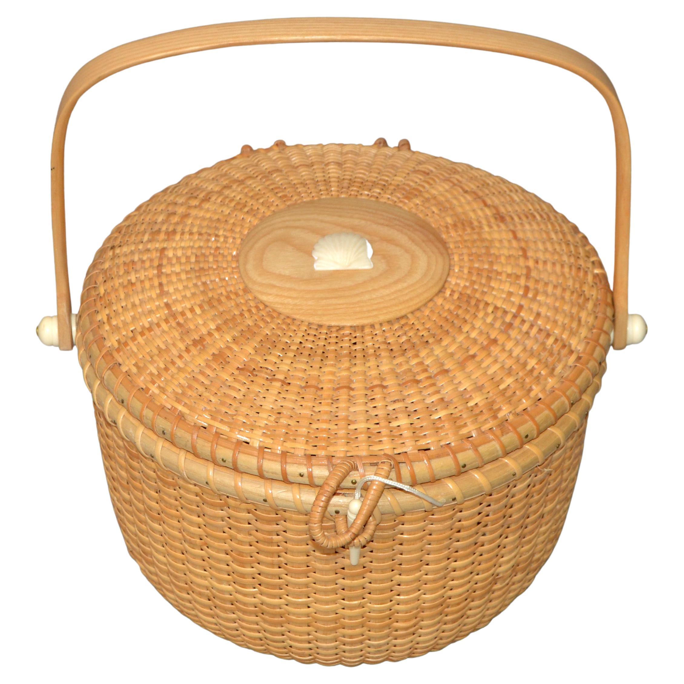 Vintage Lidded Basket Handmade Bamboo & Handwoven Rattan Nautical Seashell 1980