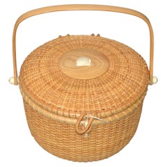 Retro Lidded Basket Handmade Bamboo & Handwoven Rattan Nautical Seashell 1980