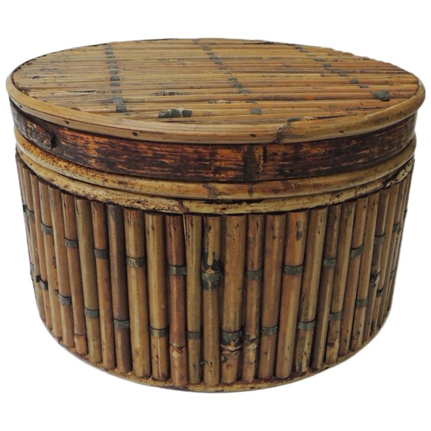 Vintage Lidded Round Artisanal Bamboo Box with Brass Fittings