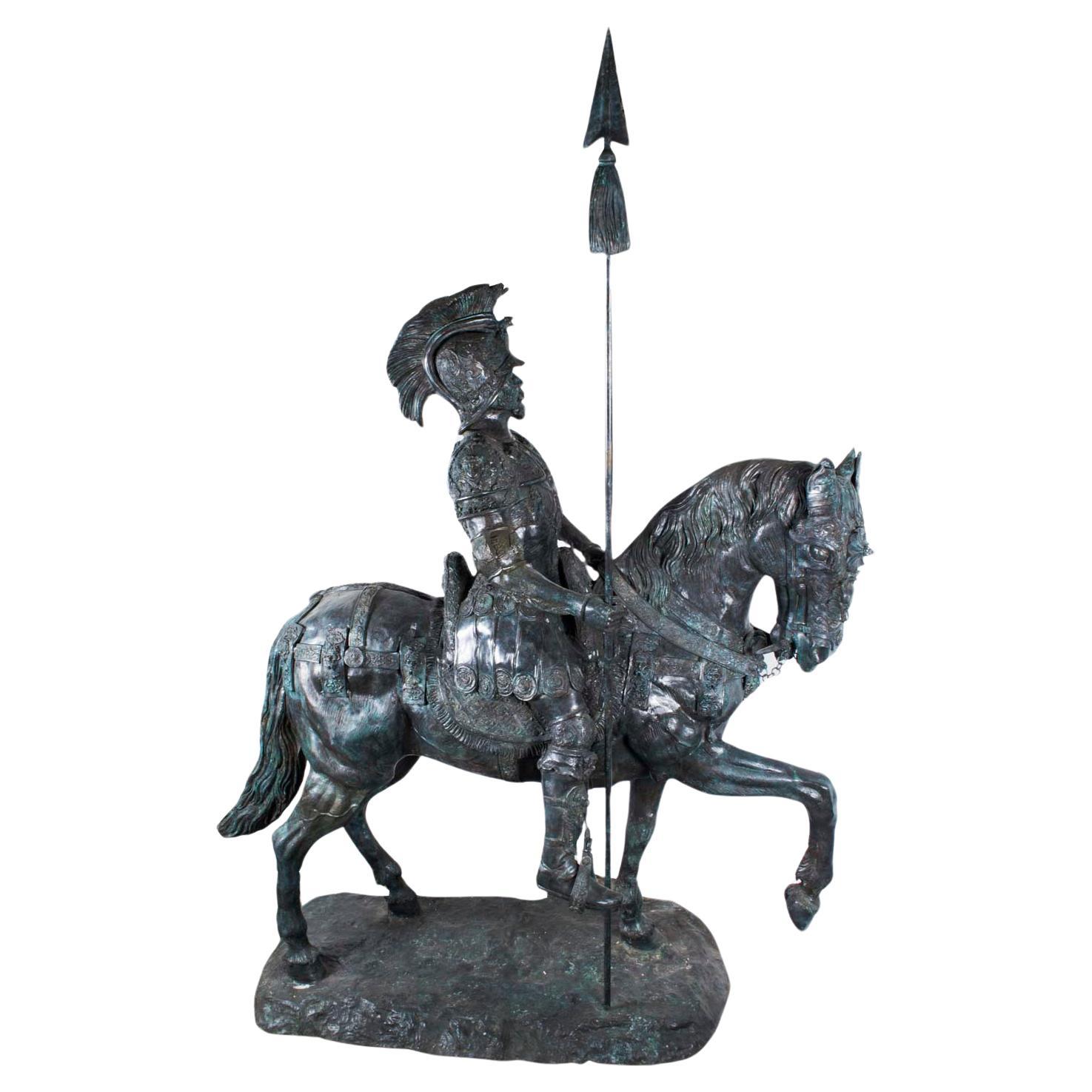 Vintage Life Size Bronze Roman Armoured Cavalry Officer on Horseback 20th C For Sale