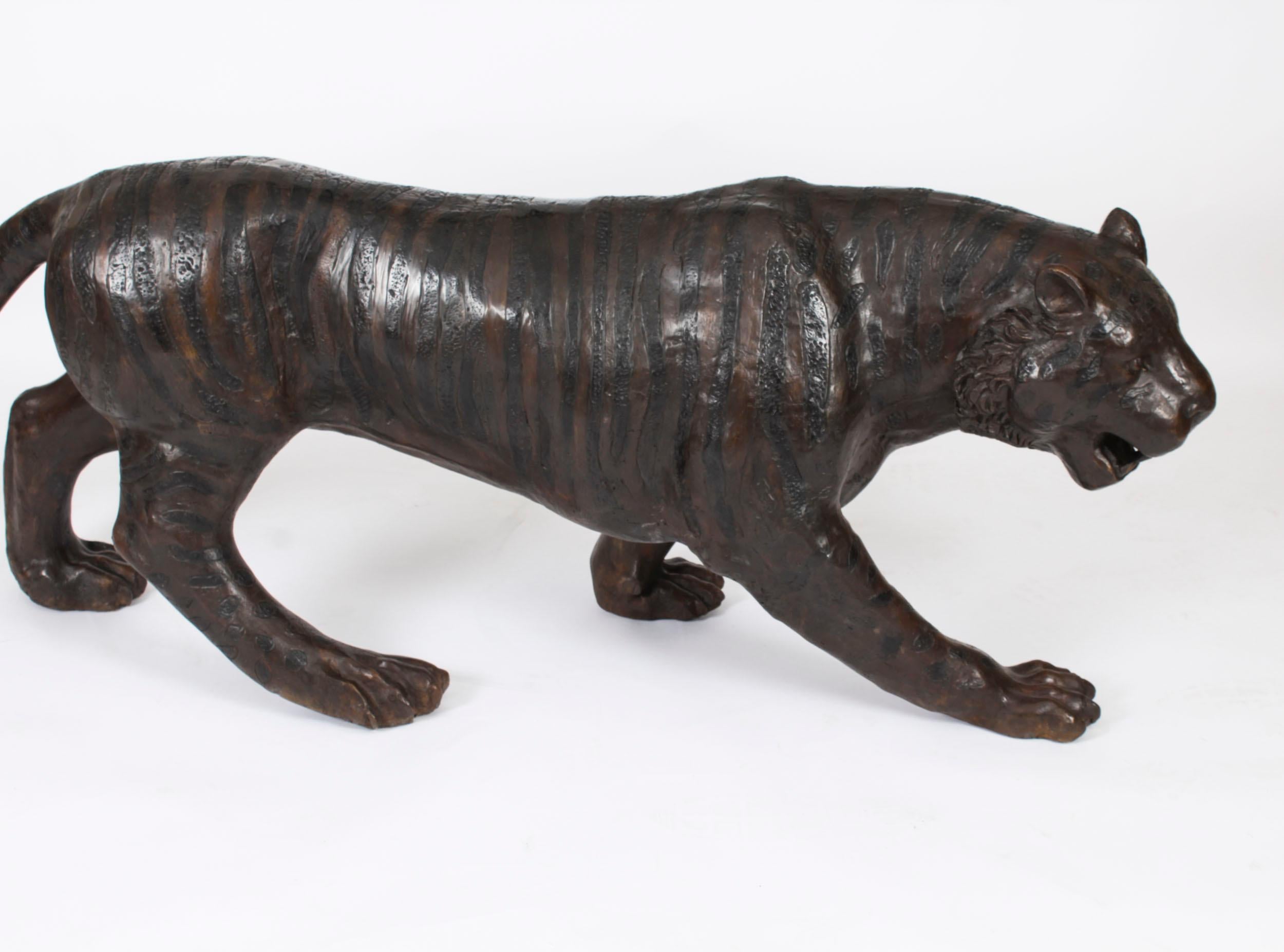 English Vintage Life Size Bronze Tiger 20th Century For Sale