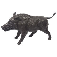 Vintage Life-Size Bronze Wild Boar Pig Wildlife, 20th Century