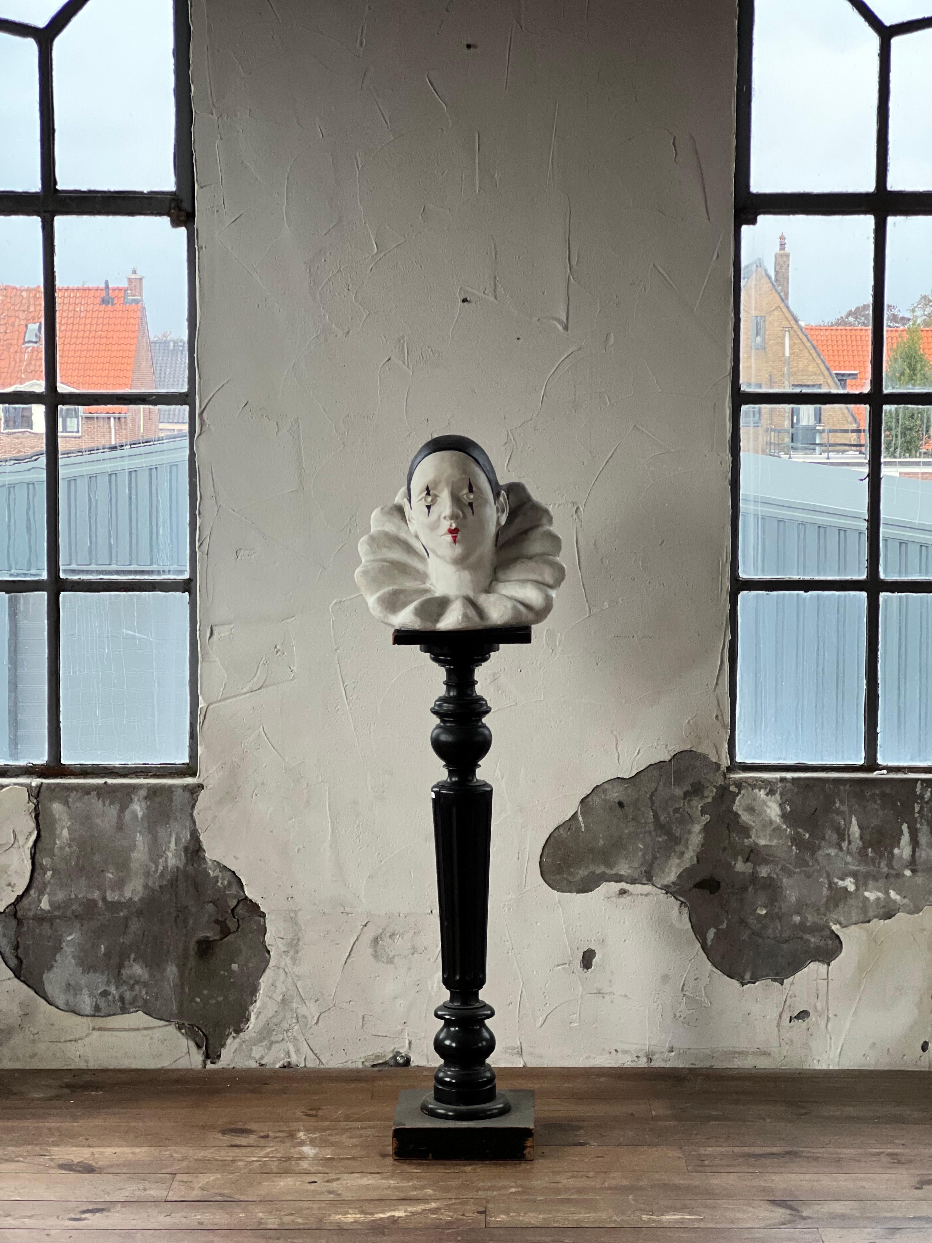European Vintage life size buste of French Pierrot, the sad clown made of plaster.