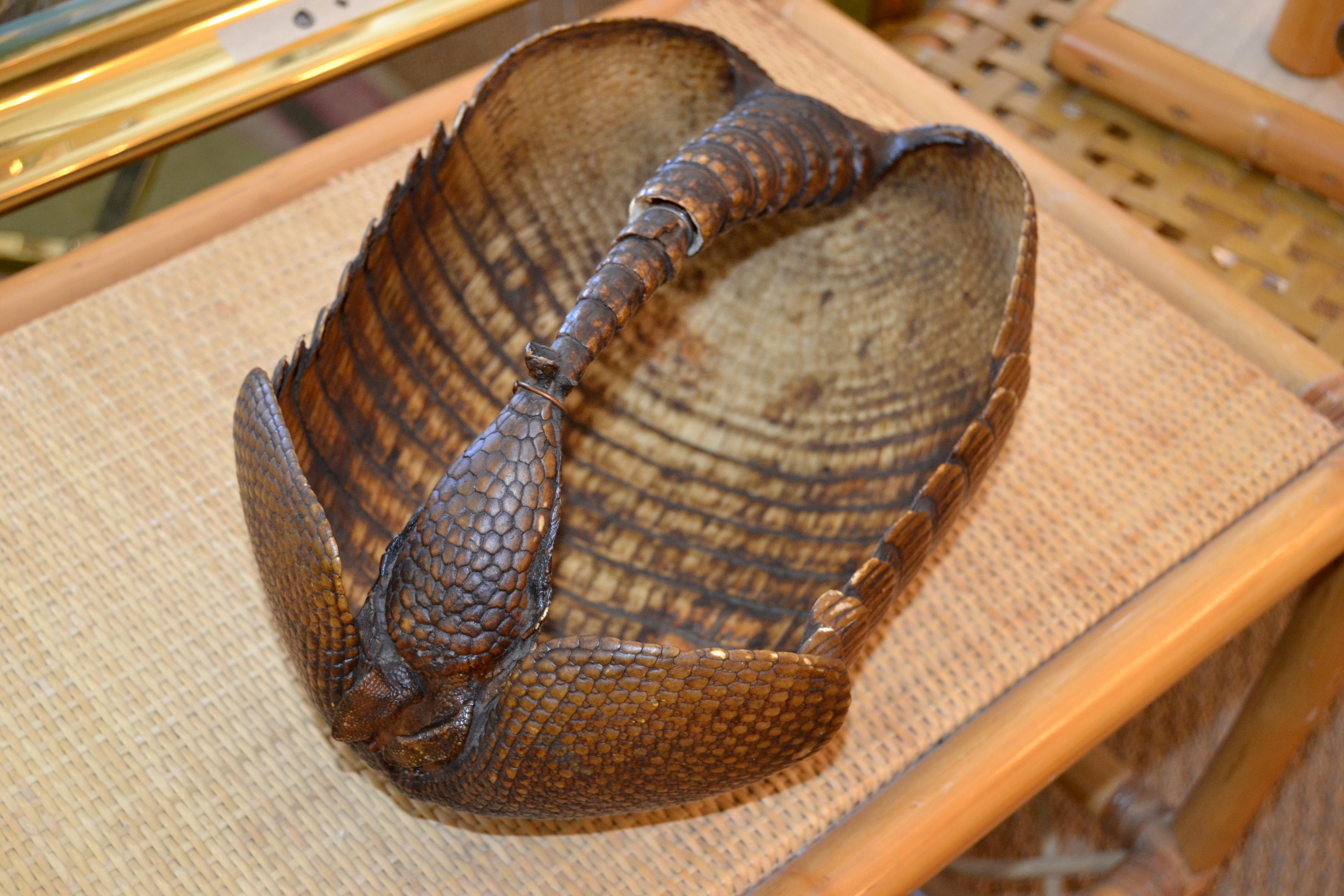 One of a kind vintage handcrafted life-size tanned Armadillo Shell Basket.
Crafted from the tanned carapace of an armadillo.
  