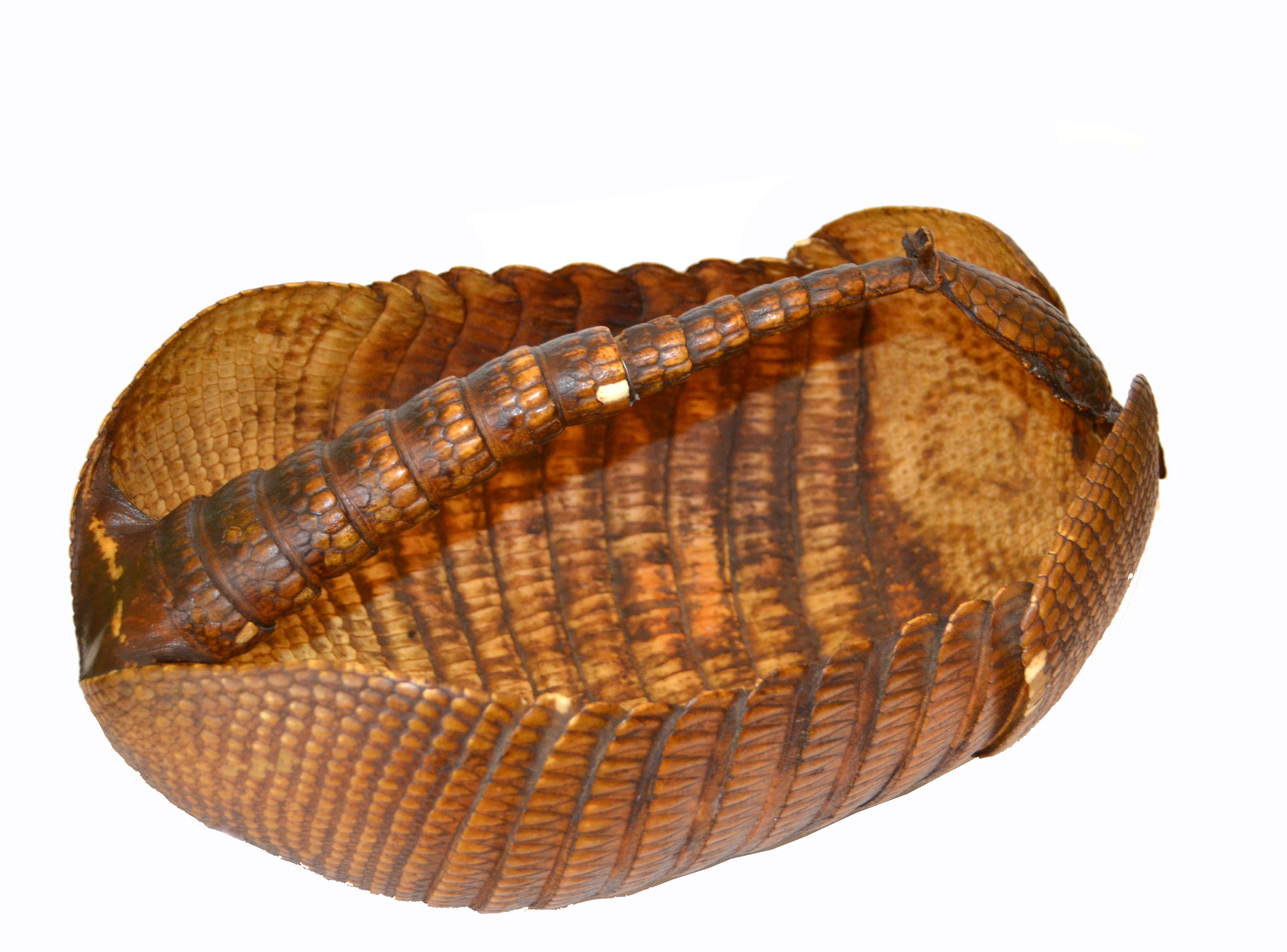 Vintage Life-Size Handcrafted Armadillo Shell Basket In Good Condition In Miami, FL