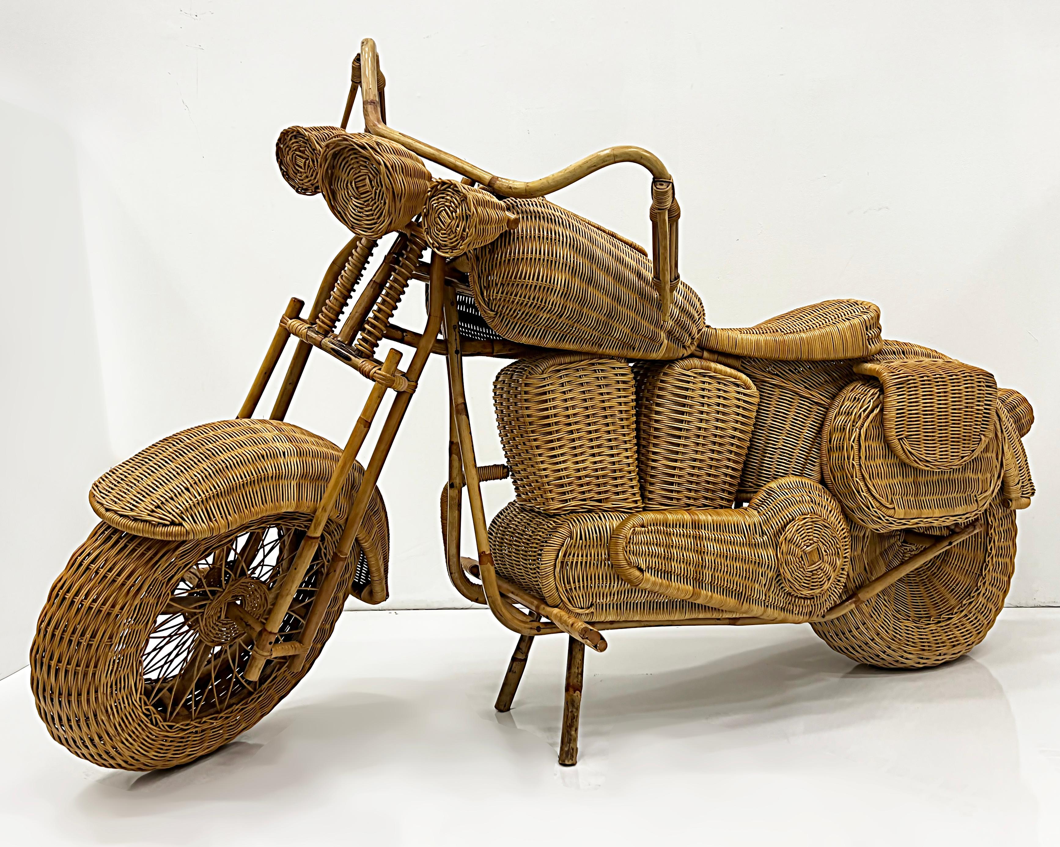 
Vintage Life-size Harley Davidson Wicker Motorcycle

Offered for sale is a life-size iconic hand-woven wicker Harley Davidson motorcycle attributed to Tom Dixon Designs from the 1980s. This is a fabulous vintage sculptural piece created with a