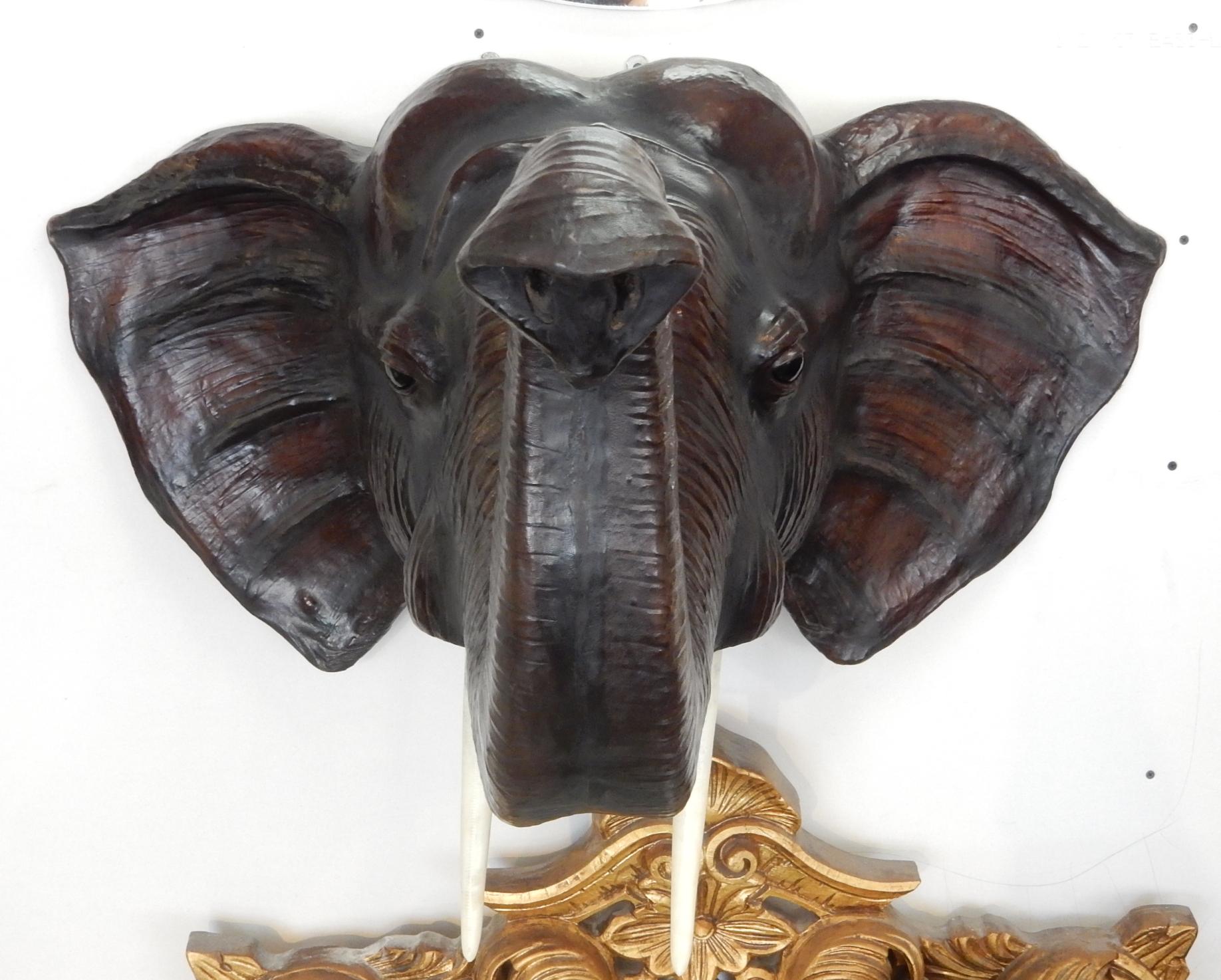 Tribal Vintage Life-Size Leather Clad Bull Elephant Bust Wall Sculpture