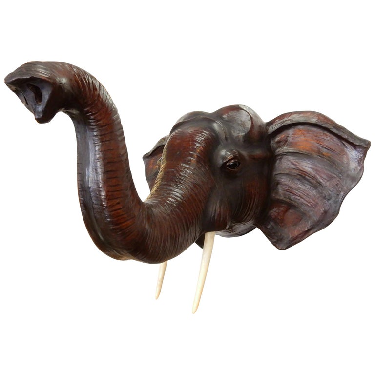 Wooden Elephant Head Wall Hanging Plaque Carving 8" 20cm