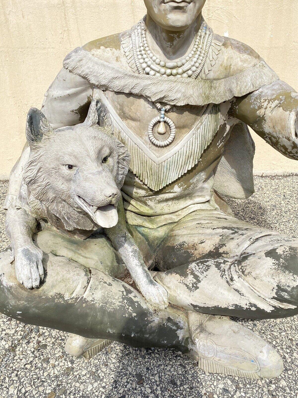 20th Century Vintage Life Size Native American Indian Fiberglass Seated Chief and Wolf Statue For Sale