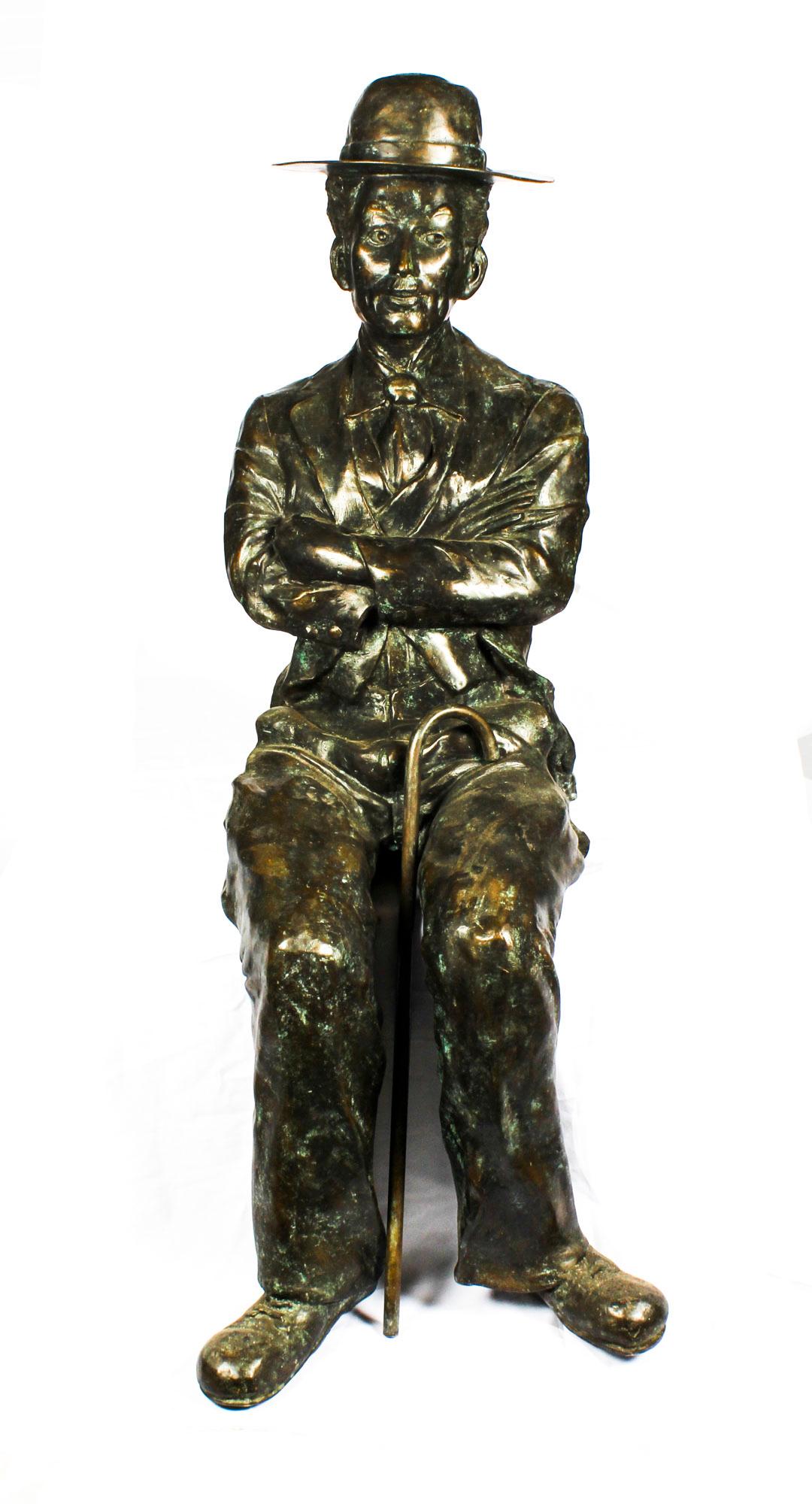 A truly stunning bronze sculpture of a seated Charlie Chaplin with his trademark cane, dating from the late 20th century.

The attention to detail is absolutely fantastic and really brings this piece to life all you need to add is the seat, bench or
