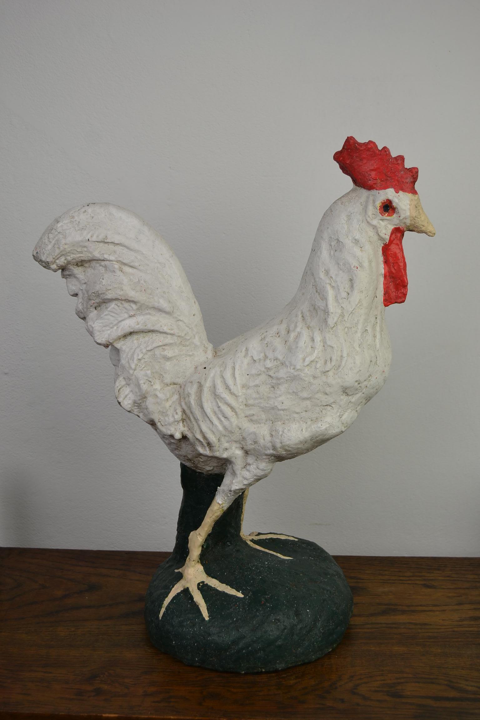 Painted Vintage Lifesize Concrete Rooster Garden Ornament, 1950s