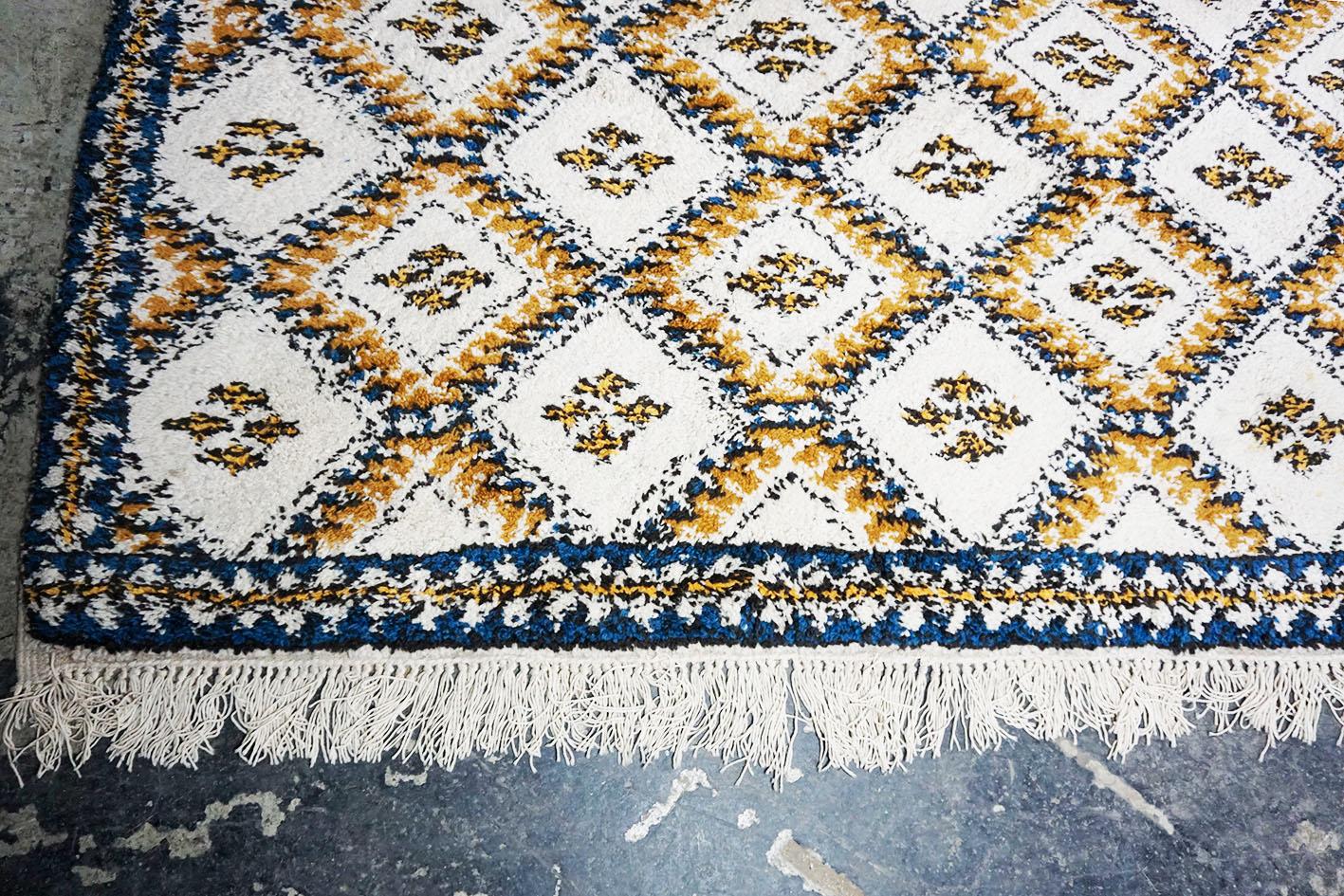 Tribal Vintage Light Beige and Blue Moroccan Handwoven Wool Rug For Sale