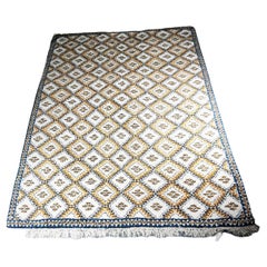 Vintage Light Beige and Blue Moroccan Handwoven Wool Rug